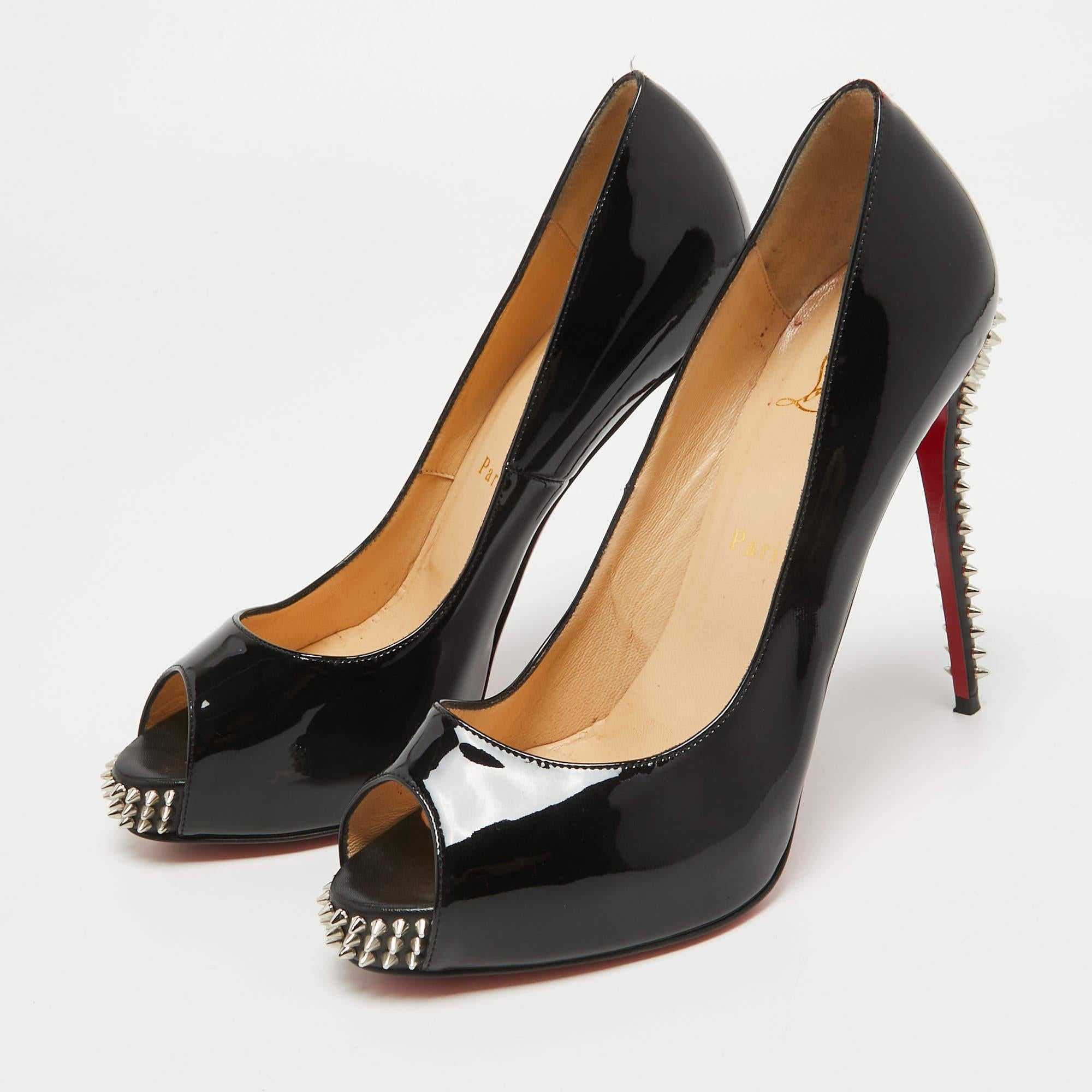 Christian Louboutin Patent Leather Spikes Peep Toe Platform Pumps Size 38.5 For Sale 2