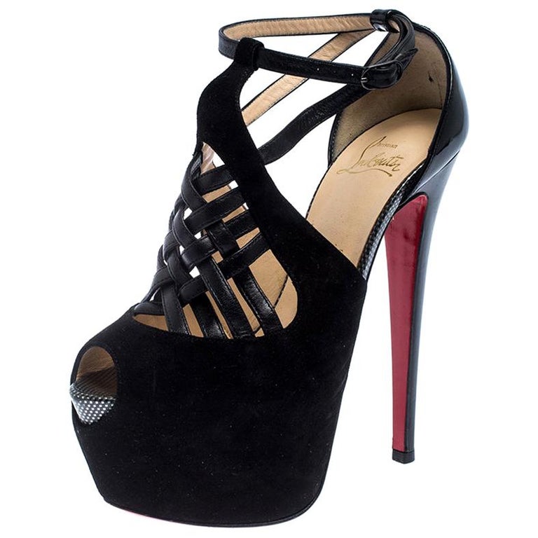 Christian Louboutin Patent Leather Suede Platform Ankle Strap Sandals Size 37.5 For Sale at 1stdibs