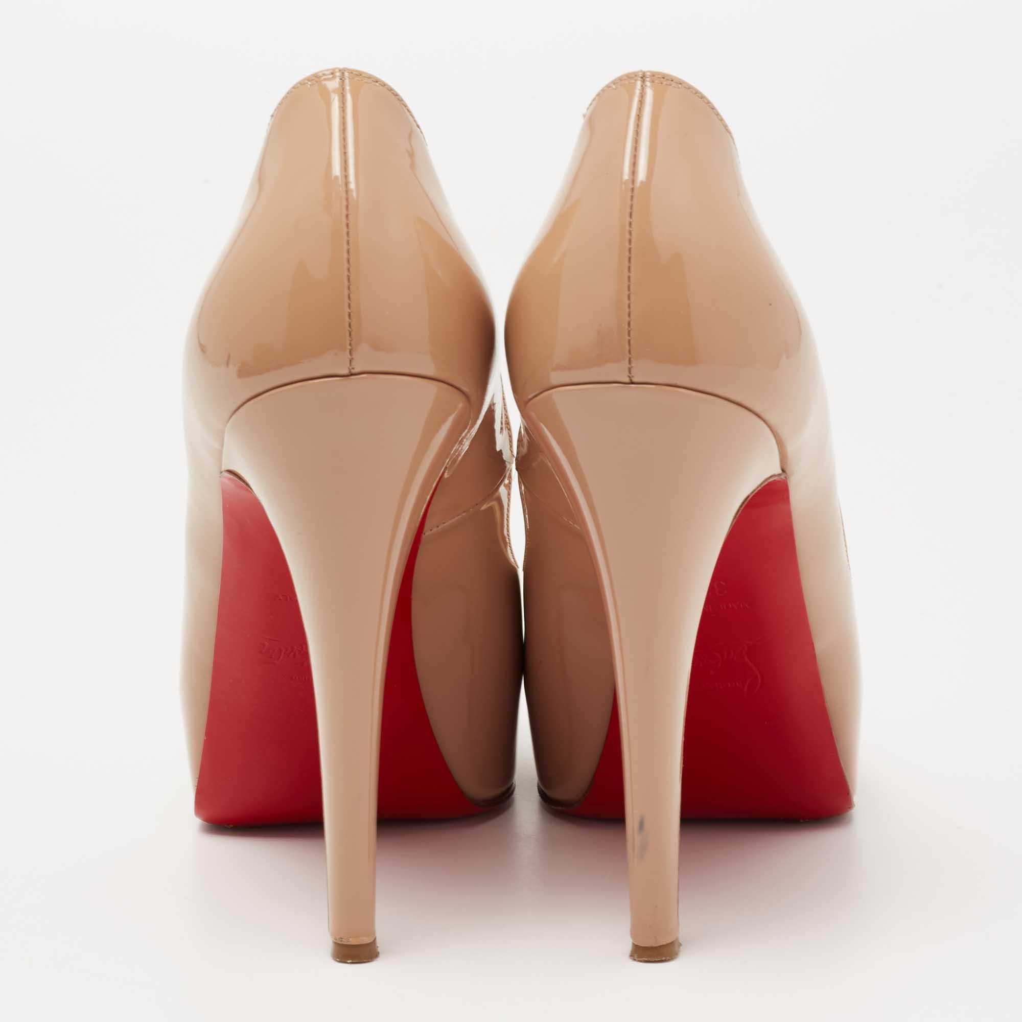 Beige Christian Louboutin Patent Leather Very Prive Peep Toe Platform Pumps Size 37.5 For Sale