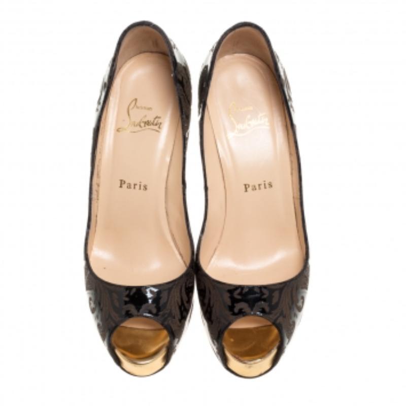 Black Christian Louboutin Patent Leather Very Prive Peep Toe Platform Pumps Size 38 For Sale