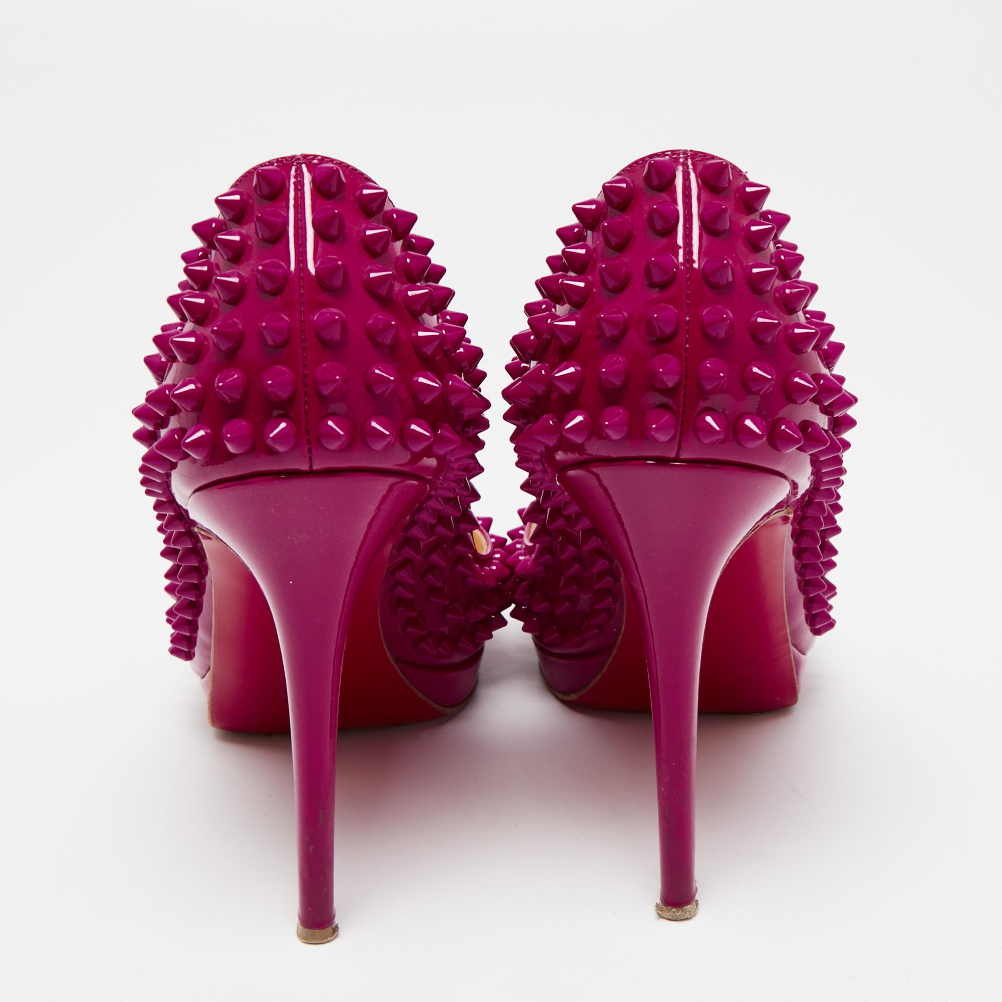 Christian Louboutin Patent Leather Yolanda Spiked Peep-Toe Pumps Size 38.5 For Sale 1