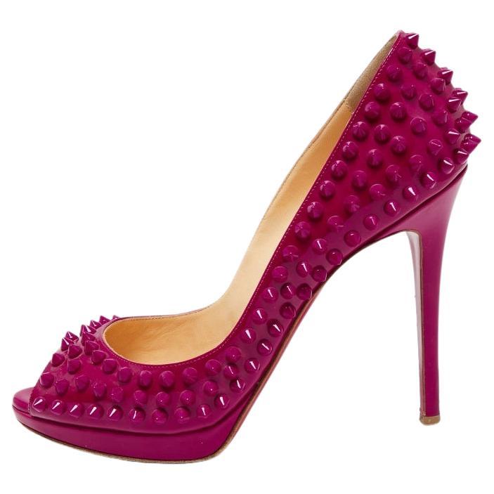 Christian Louboutin Patent Leather Yolanda Spiked Peep-Toe Pumps Size 38.5 For Sale
