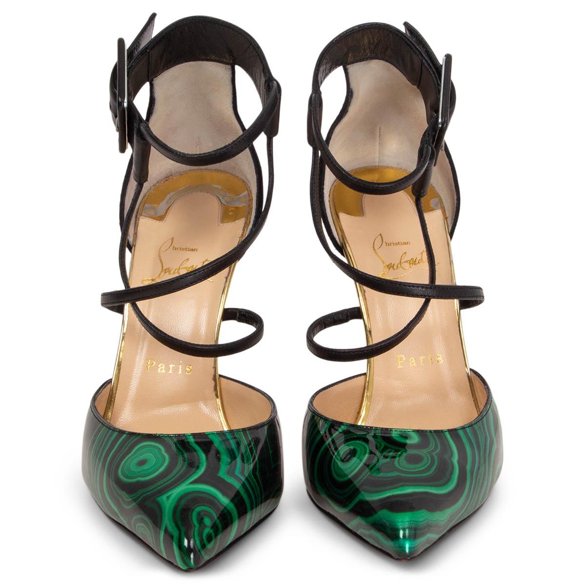 100% authentic Christian Louboutin Suzanna 100 pointed-toe pumps in malachite green swirl patent leather, black calfskin ankle-strap and black suede heel. Have been worn one inside and are in virtually new condition. 

Measurements
Imprinted