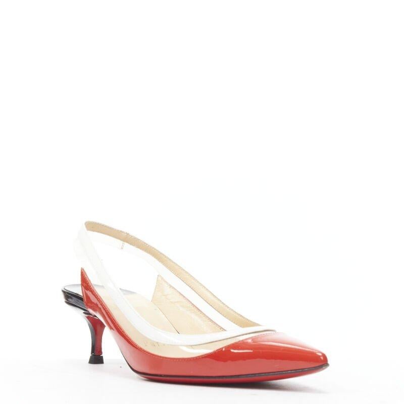 CHRISTIAN LOUBOUTIN Paulina red patent PVC trim slingback kitten heel EU36
Reference: TGAS/B01715
Brand: Christian Louboutin
Model: Paulina
Material: Patent Leather, PVC
Color: Red, Black
Pattern: Solid
Closure: Slingback
Lining:  Leather
Extra