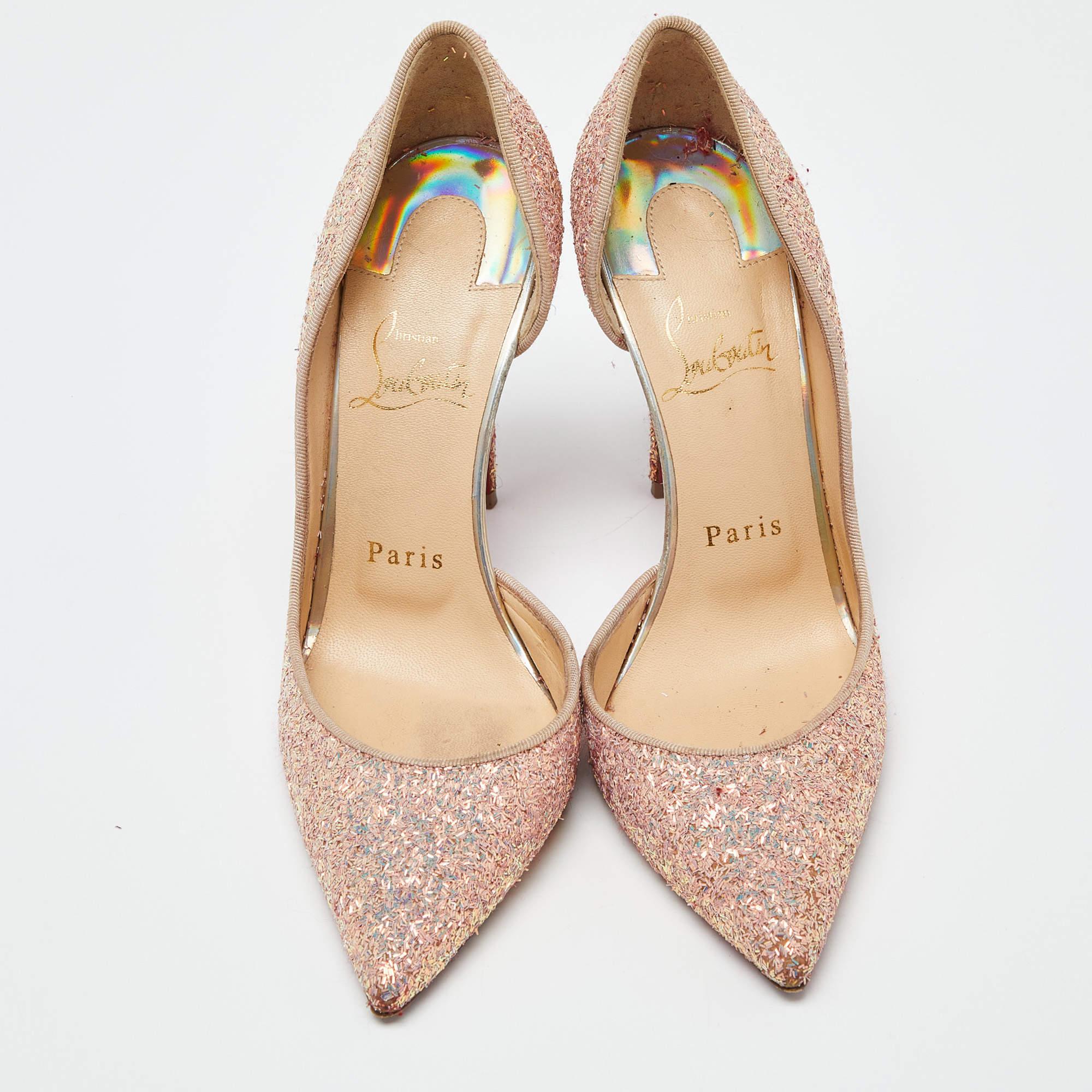 Beige Christian Louboutin Peach Glitter Iriza D'Orsay Pumps Size 36.5 For Sale
