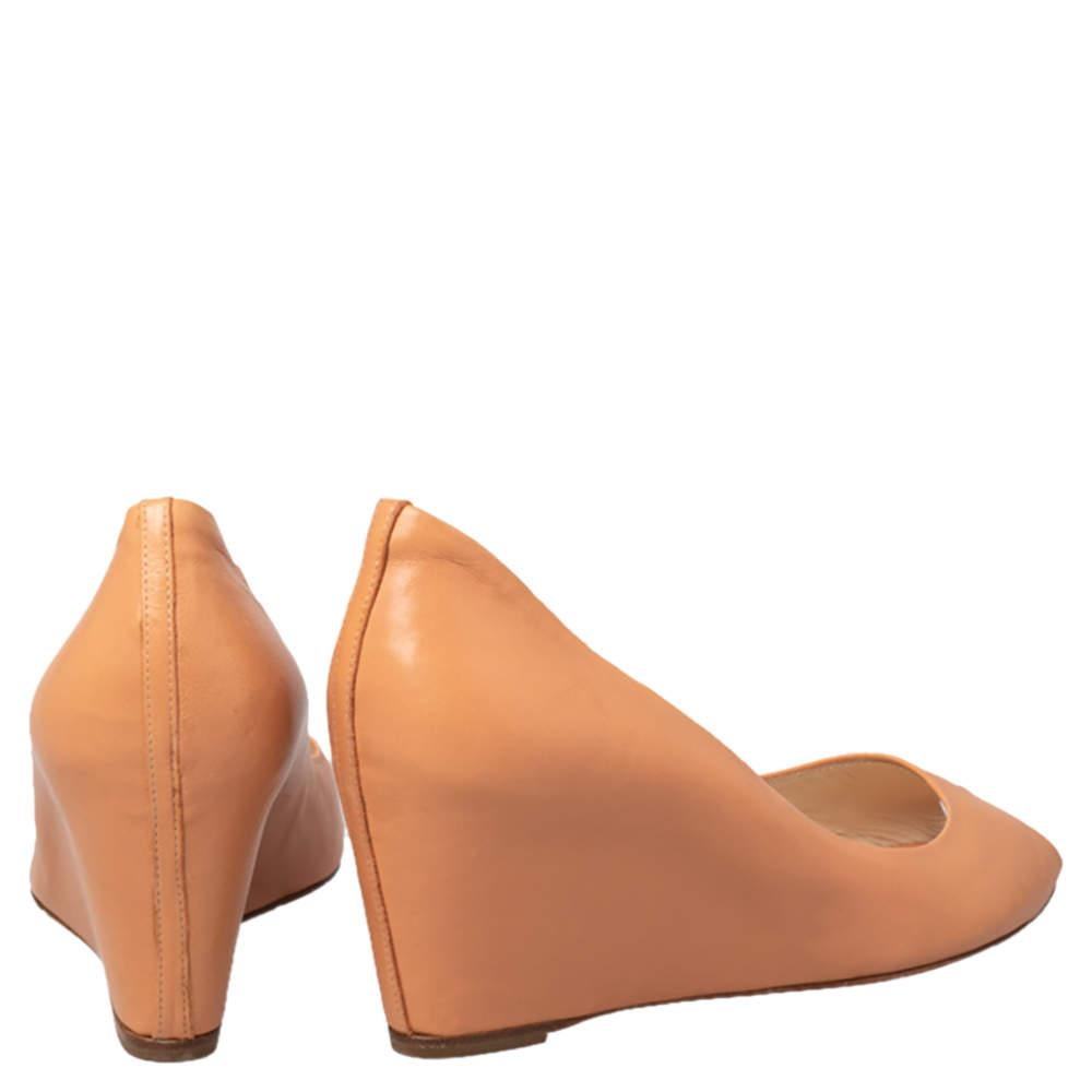 Women's Christian Louboutin Peach Leather Peep Toe Wedge Pumps Size 38.5