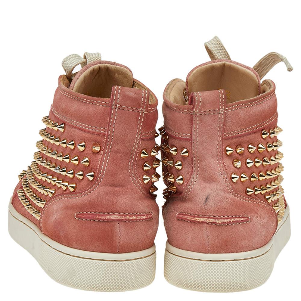 Brown Christian Louboutin Peach Nubuck Spike Louis Orlato Mid Top Sneakers Size 38 For Sale