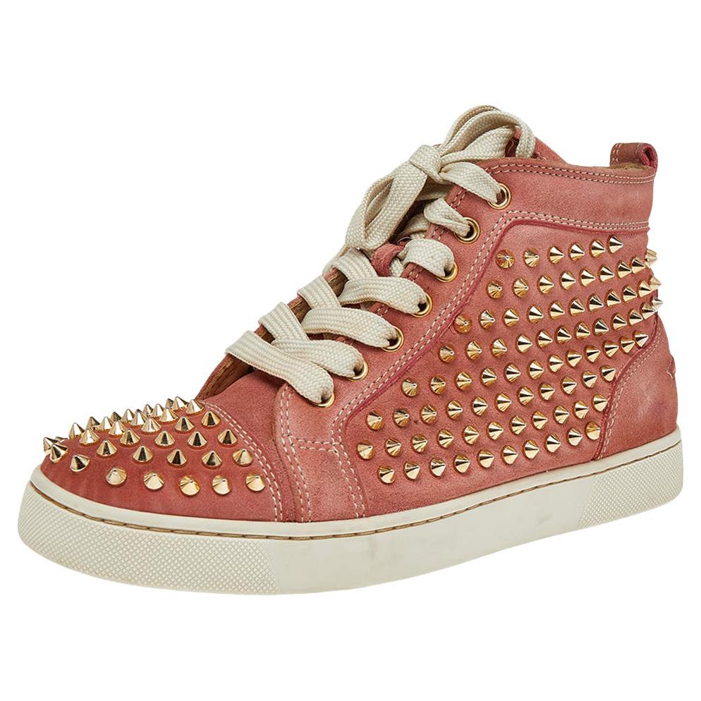 Christian Louboutin Peach Nubuck Spike Louis Orlato Mid Top Sneakers Size 38 For Sale