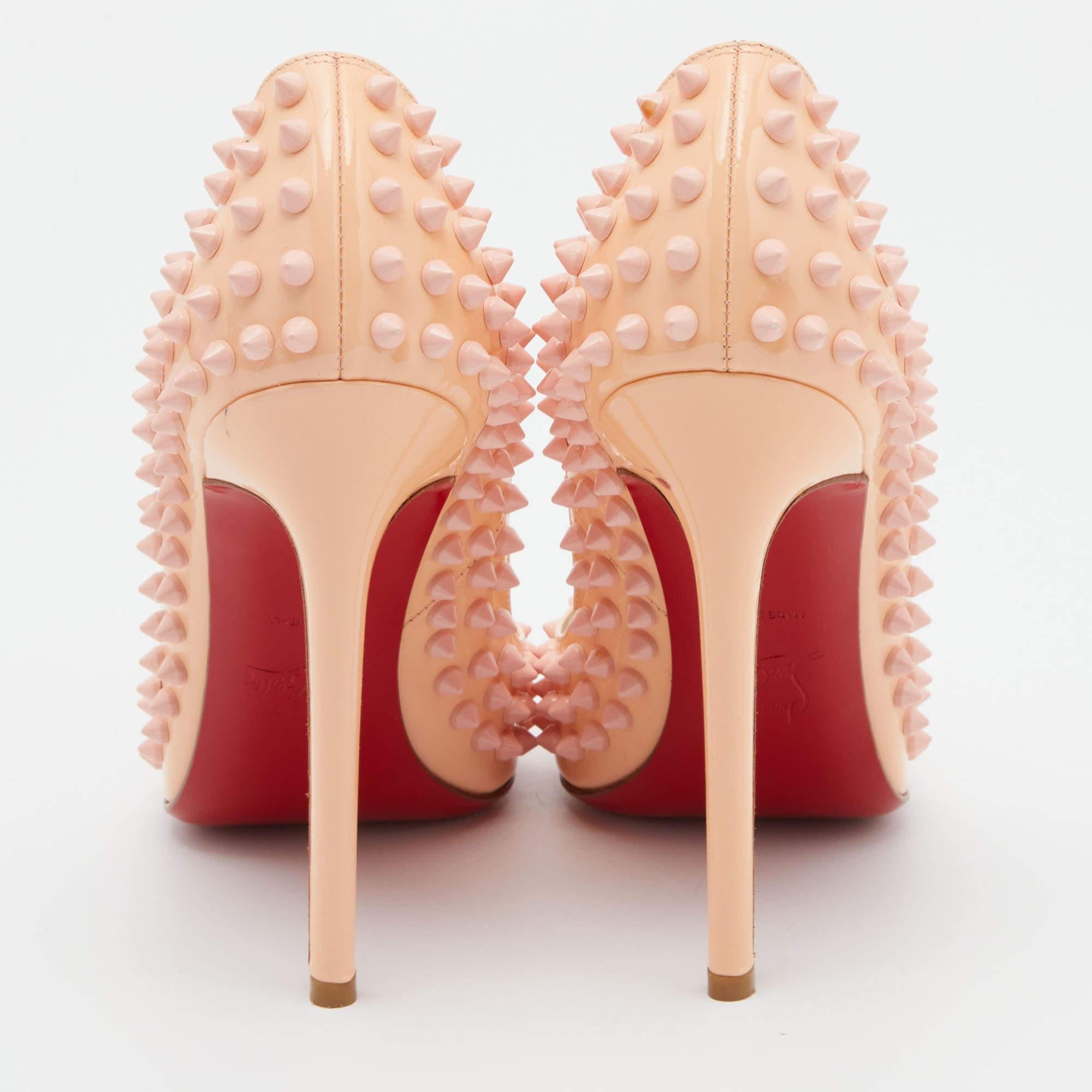 Orange Christian Louboutin Peach Patent Leather Pigalle Spikes Pointed Toe Pumps Size 3 For Sale
