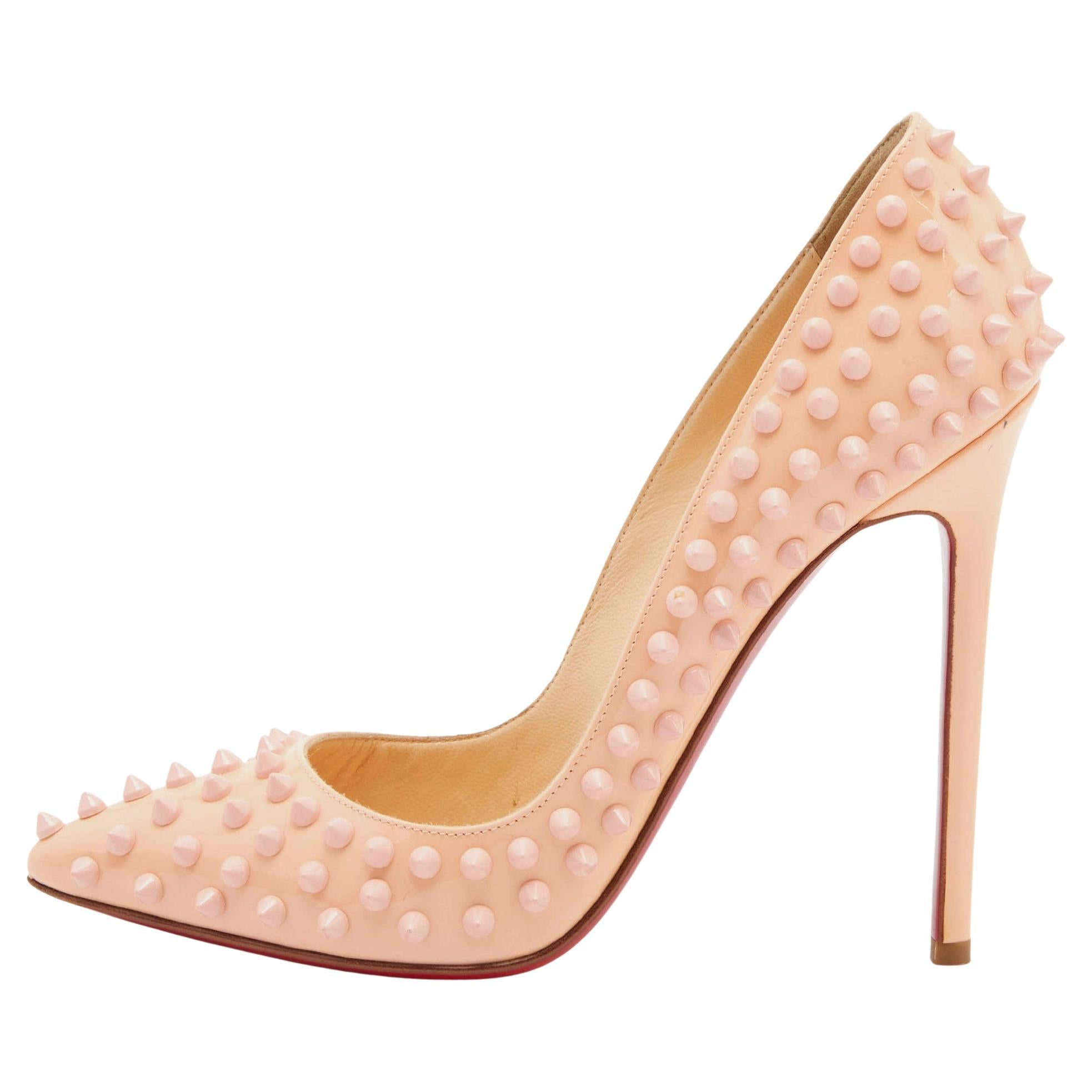 Christian Louboutin Peach Patent Leather Pigalle Spikes Pointed Toe Pumps Size 3 For Sale