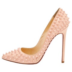 Christian Louboutin Peach Patent Leather Spikes Pointed Toe Pumps Size 38.5