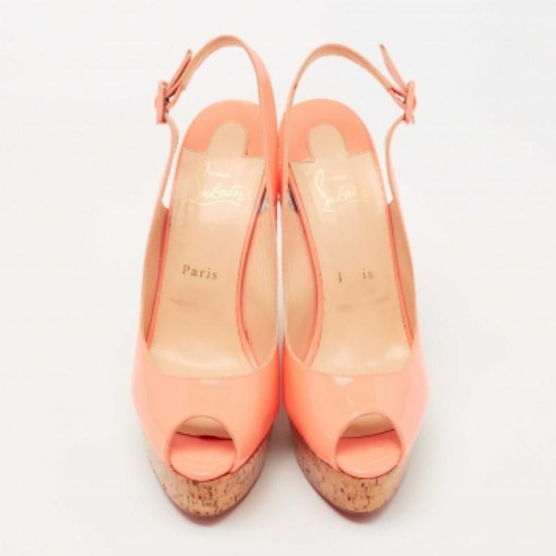 Orange Christian Louboutin Peach Patent Leather Une Plume Wedge Sandals Size 40.5 en vente