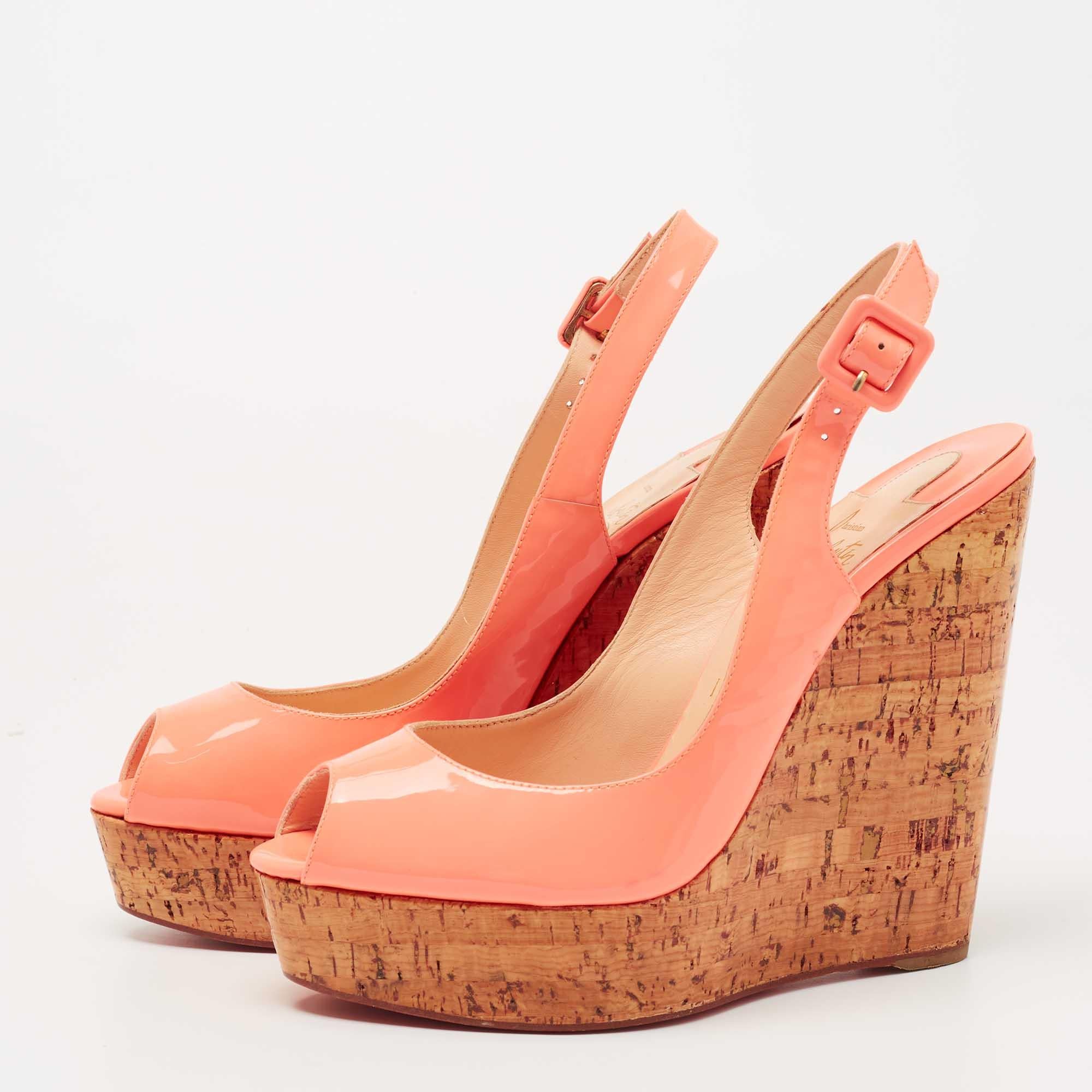 Orange Christian Louboutin Peach Patent Leather Une Plume Wedge Sandals Size 40.5 For Sale