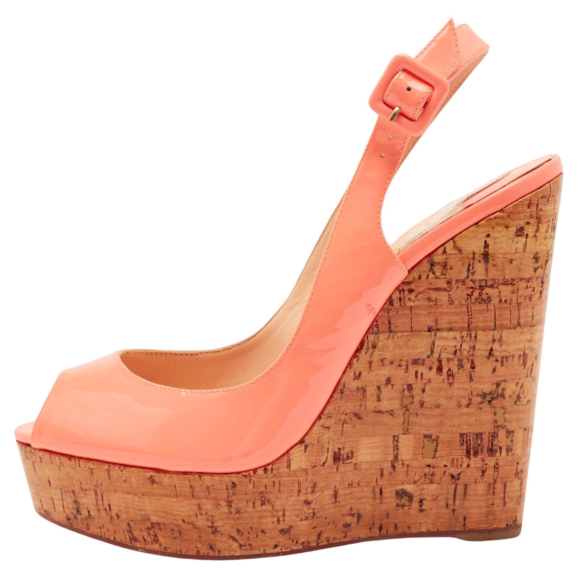 Christian Louboutin Peach Patent Leather Une Plume Wedge Sandals Size 40.5 For Sale