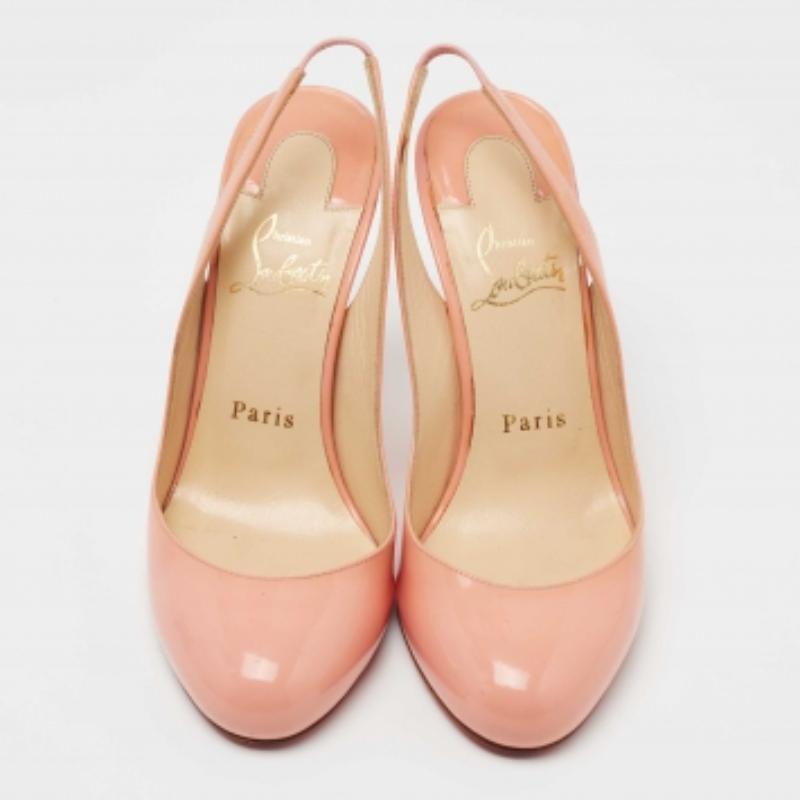 Christian Louboutin Peach Pink Patent Leather Fifi Slingback Pumps Size 36.5 In Good Condition For Sale In Dubai, Al Qouz 2