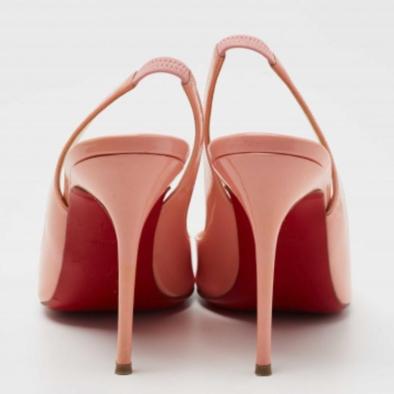 Women's Christian Louboutin Peach Pink Patent Leather Fifi Slingback Pumps Size 36.5 For Sale