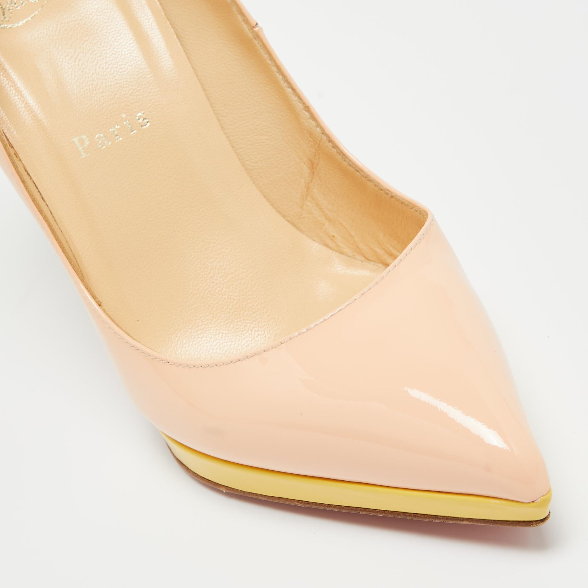 Women's Christian Louboutin Peach Pink Patent Leather Pigalle Plato Pumps Size 38.5 For Sale