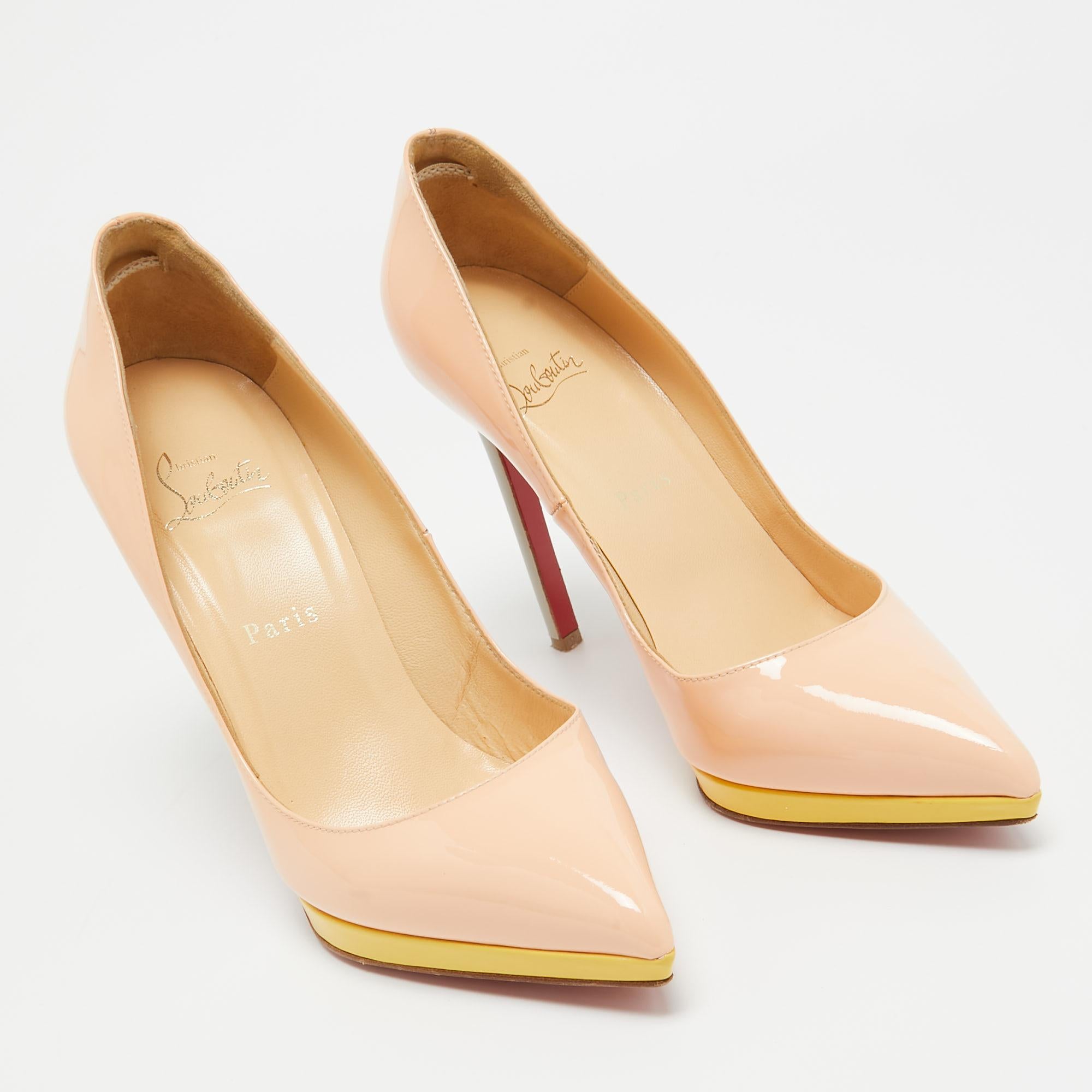 Christian Louboutin Peach Pink Patent Leather Pigalle Plato Pumps Size 38.5 For Sale 1
