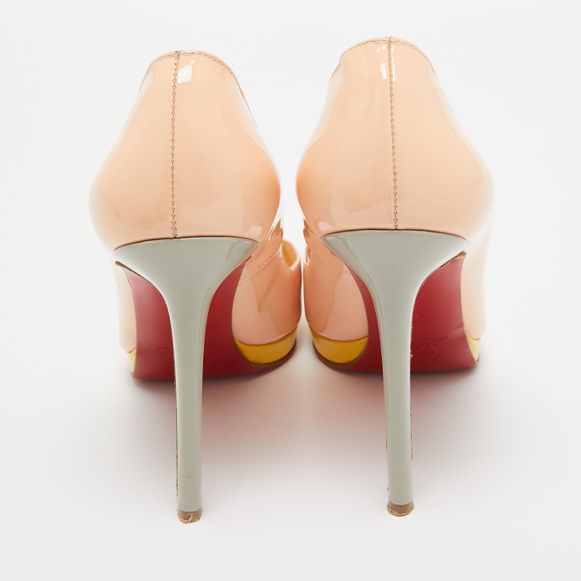 Christian Louboutin Peach Pink Patent Leather Pigalle Plato Pumps Size 38.5 For Sale 2