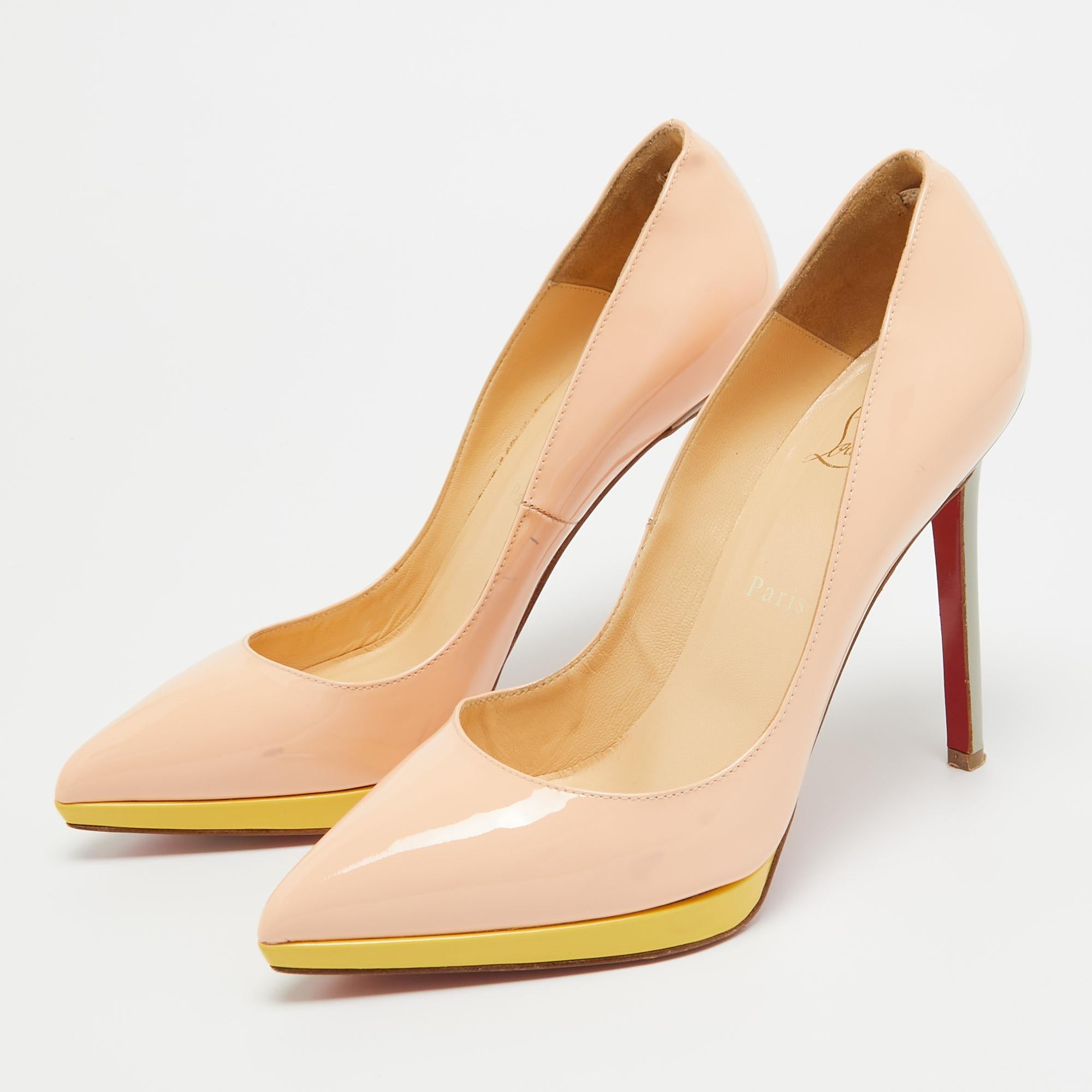 Christian Louboutin Peach Pink Patent Leather Pigalle Plato Pumps Size 38.5 For Sale 3