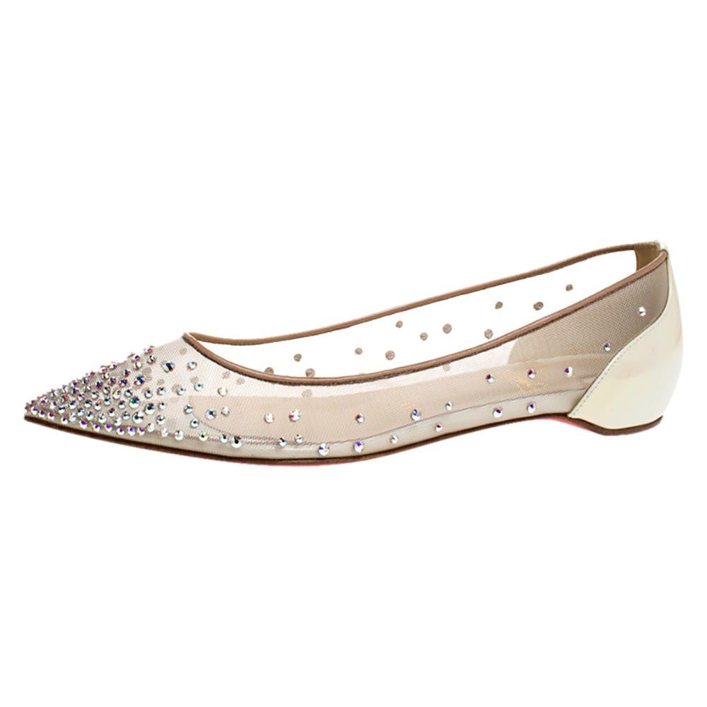 Christian Louboutin Pearl White Follies Strass Ballet Flats Size 35