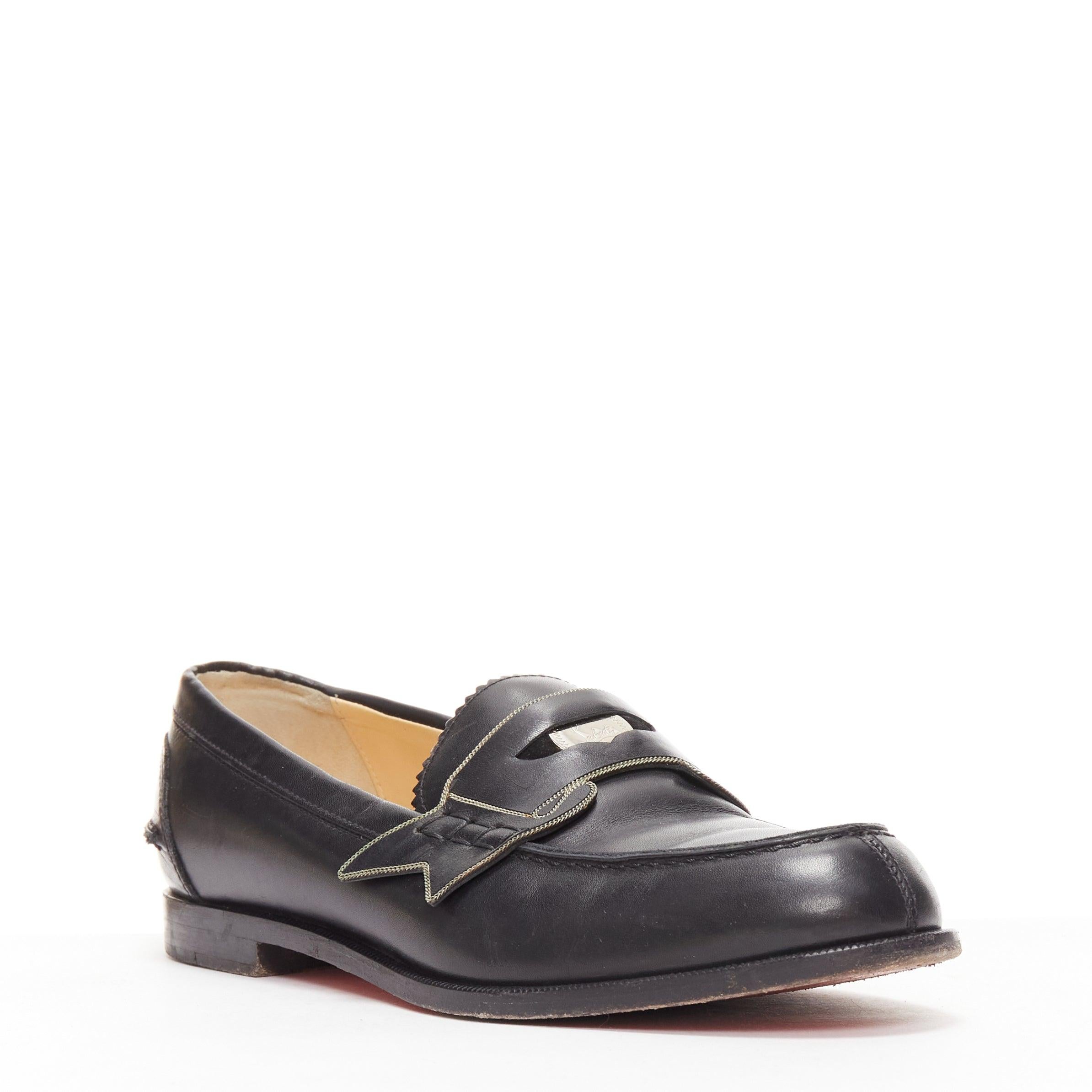 CHRISTIAN LOUBOUTIN Penny black smooth leather silver coin logo loafers EU35.5 In Fair Condition For Sale In Hong Kong, NT