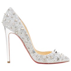 CHRISTIAN LOUBOUTIN Pigalili 120 Silber Strass Kristall Spike Stud Pumps EU37.5