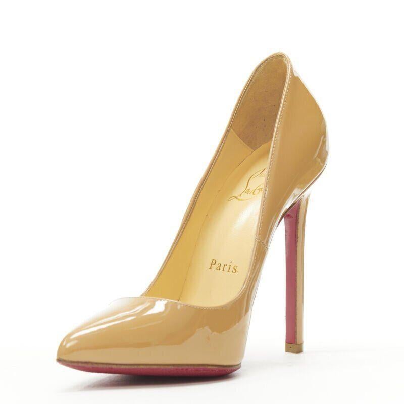 CHRISTIAN LOUBOUTIN Pigalle 120 nude patent leather pointy stiletto pigalle EU36 In Excellent Condition For Sale In Hong Kong, NT