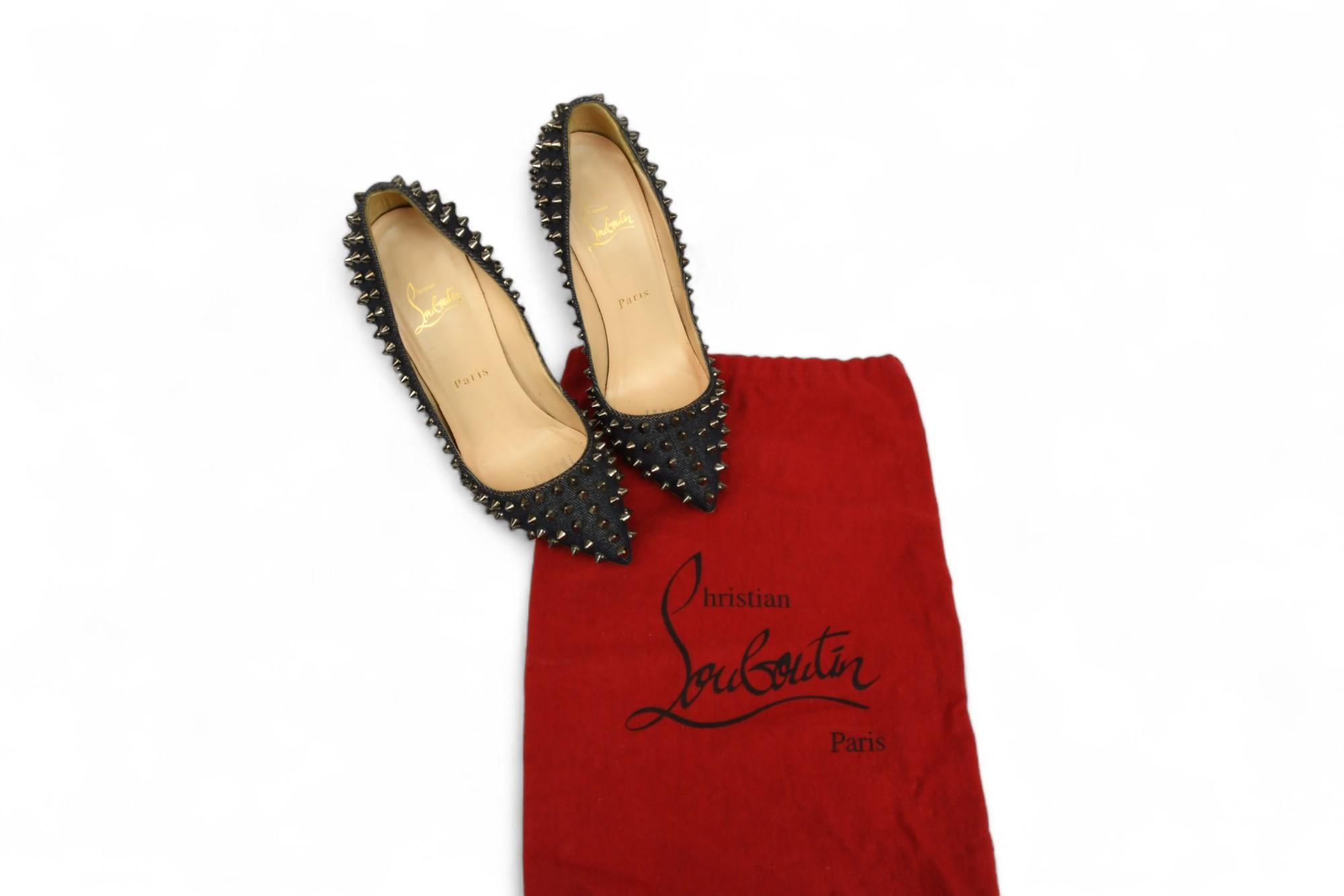 Beige Christian Louboutin Pigalle Spikes Denim Heels  Size US 6.5 For Sale