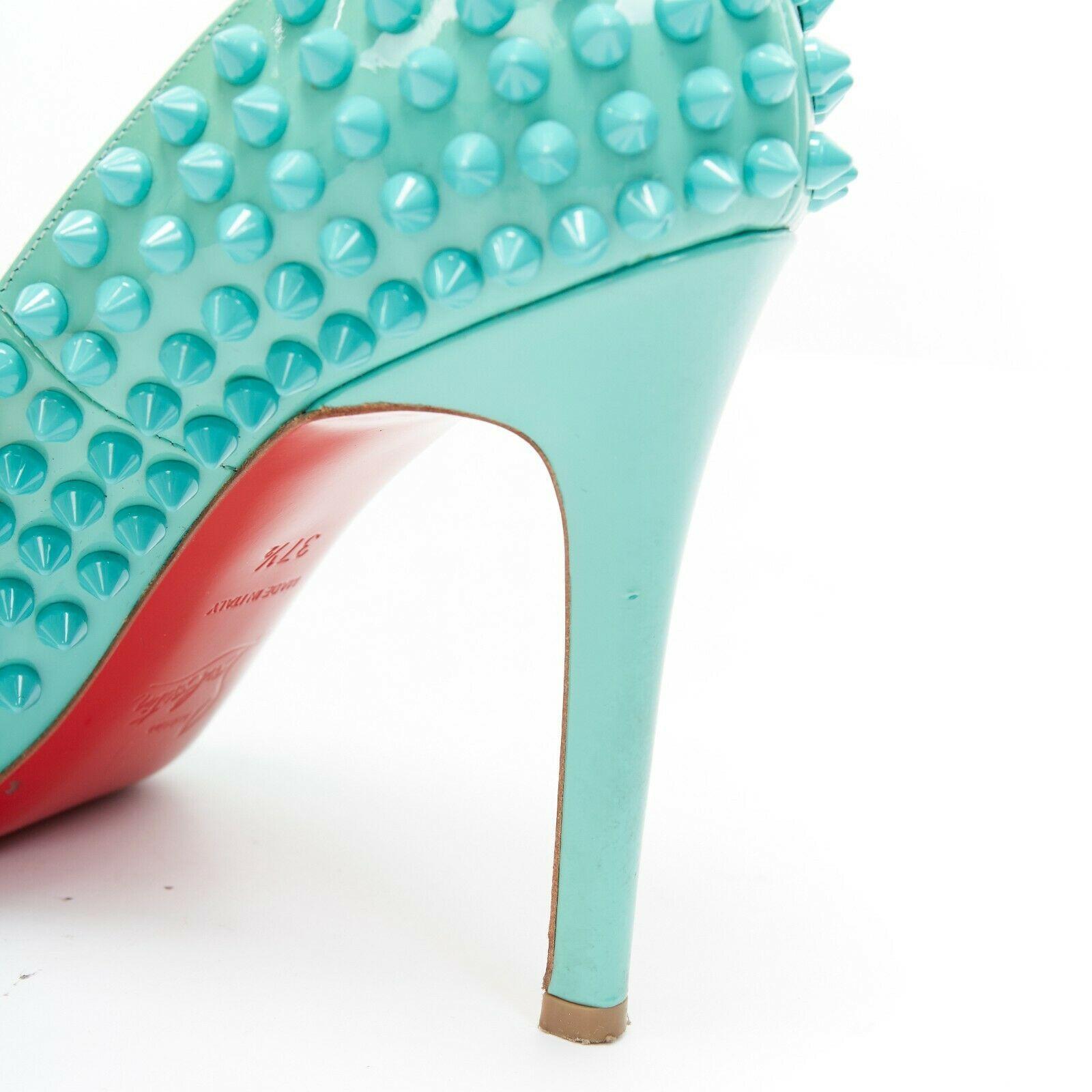 CHRISTIAN LOUBOUTIN Pigalle Spikes sky blue patent tonal stud pointy pump EU37.5 7