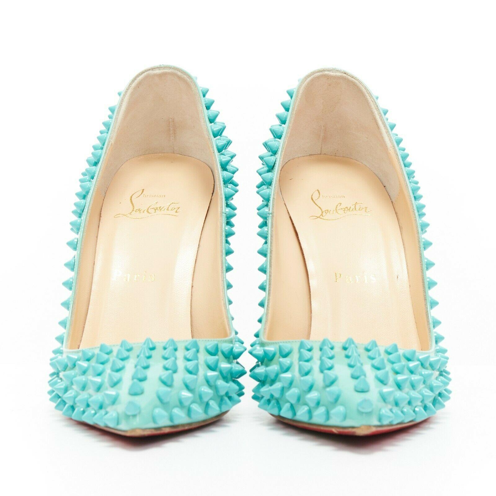 Blue CHRISTIAN LOUBOUTIN Pigalle Spikes sky blue patent tonal stud pointy pump EU37.5