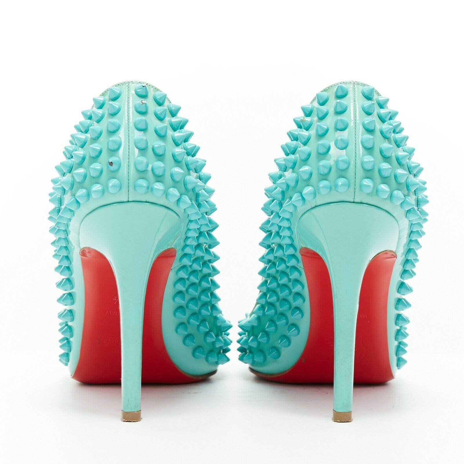 Women's CHRISTIAN LOUBOUTIN Pigalle Spikes sky blue patent tonal stud pointy pump EU37.5