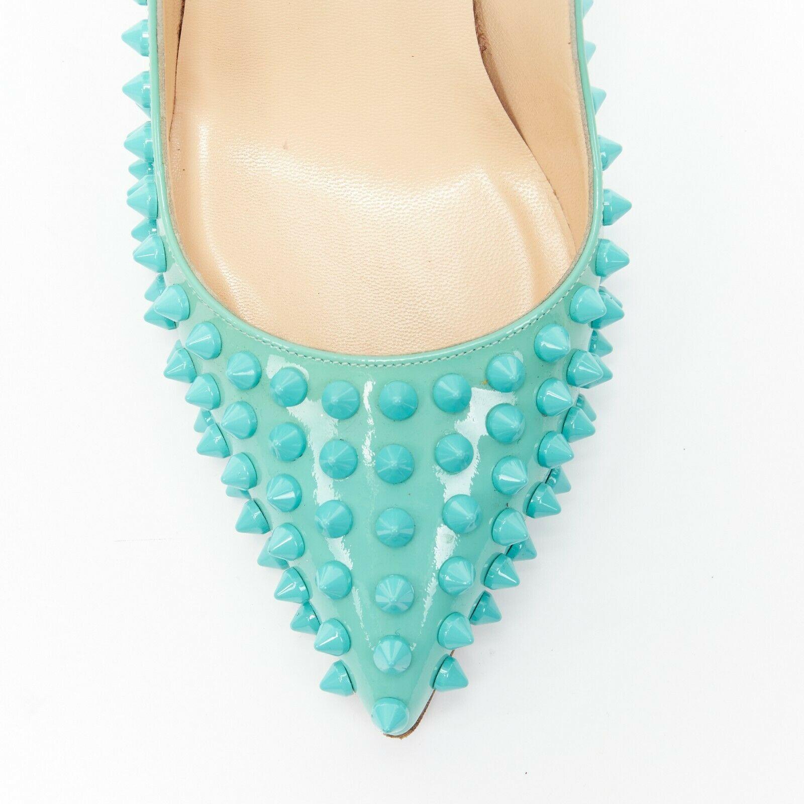 CHRISTIAN LOUBOUTIN Pigalle Spikes sky blue patent tonal stud pointy pump EU37.5 2