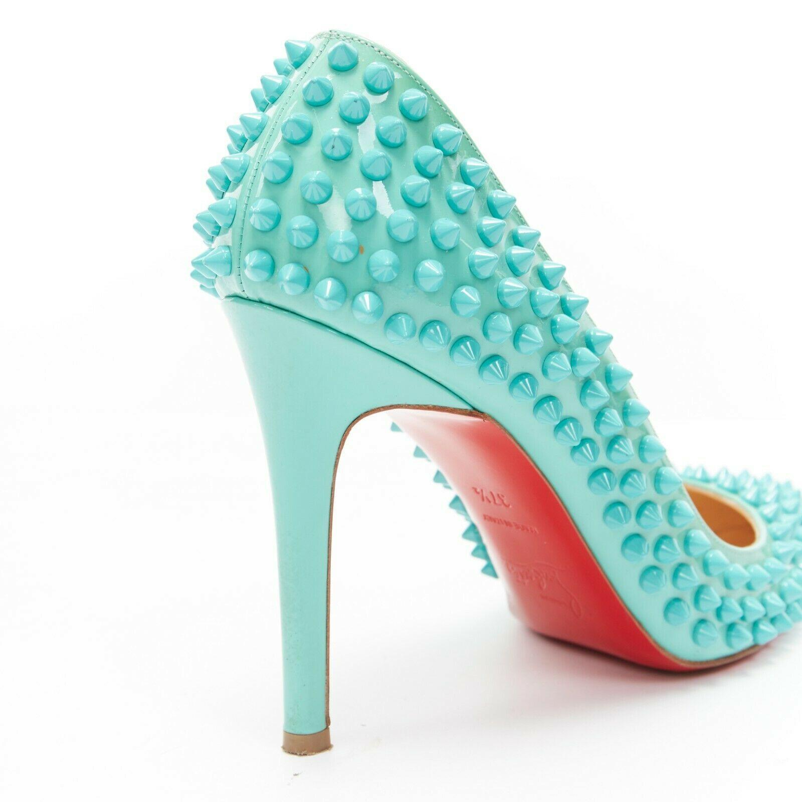 CHRISTIAN LOUBOUTIN Pigalle Spikes sky blue patent tonal stud pointy pump EU37.5 3