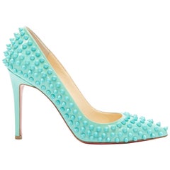 Used CHRISTIAN LOUBOUTIN Pigalle Spikes sky blue patent tonal stud pointy pump EU37.5