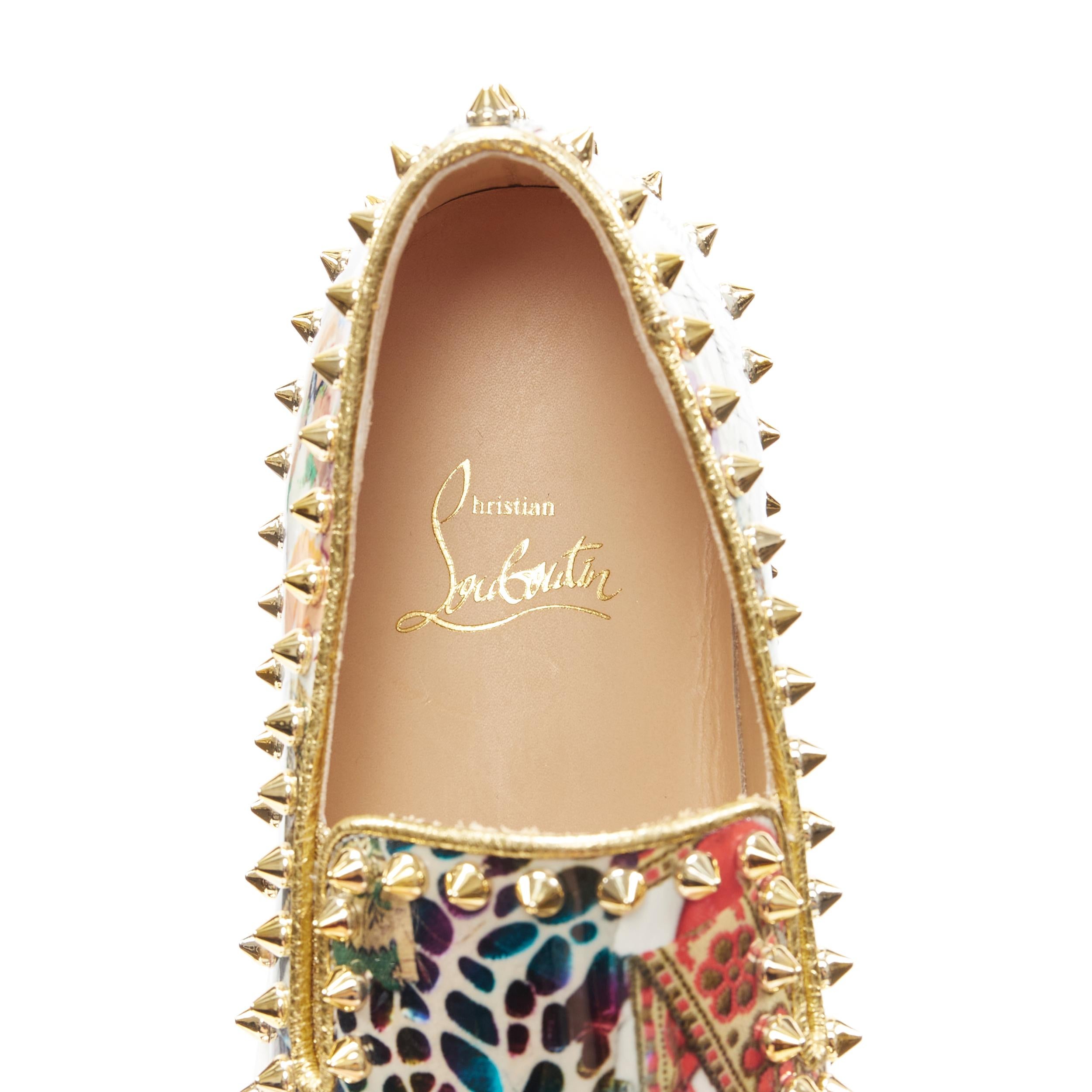 CHRISTIAN LOUBOUTIN Pik Boat abstract patent gold spike stud low sneaker EU37 2