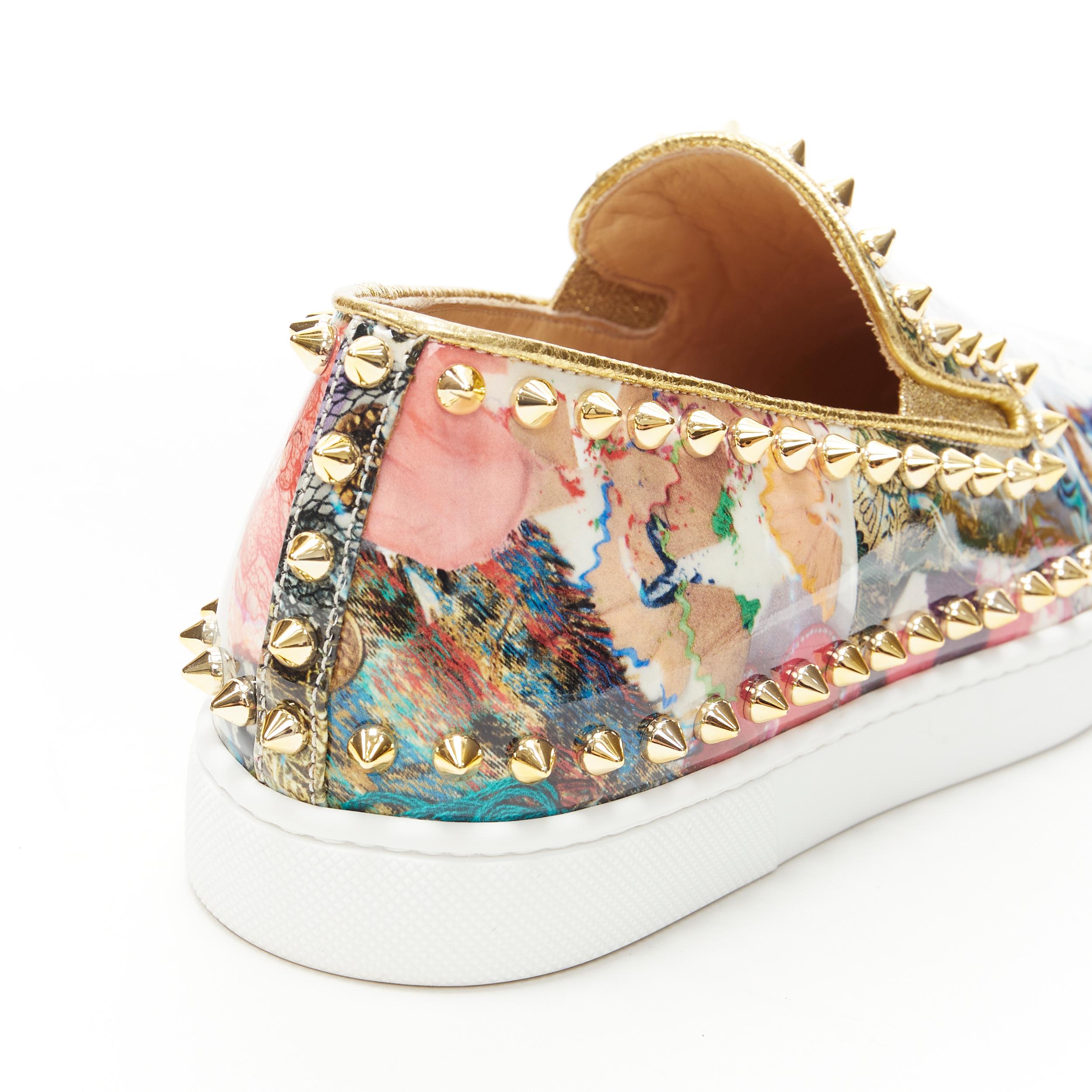 CHRISTIAN LOUBOUTIN Pik Boat abstract patent gold spike stud low sneaker EU37 1