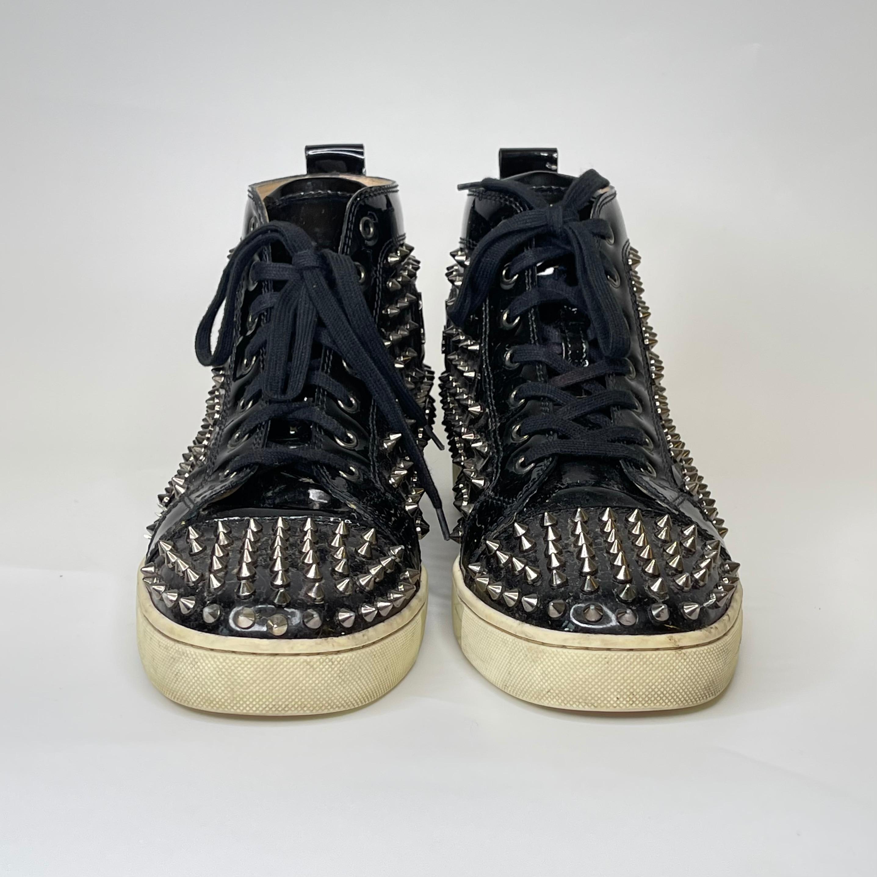Black Christian Louboutin Pik Pik Flat Nappa Laminato High Top Sneakers (44.5 EU) For Sale