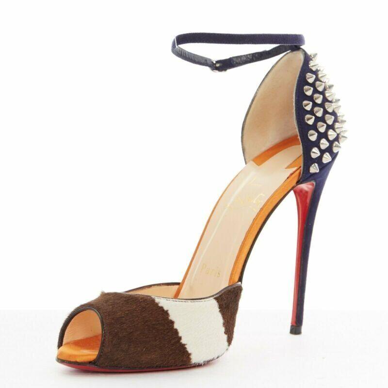 CHRISTIAN LOUBOUTIN Pina Spike animal peep toe ankle strap studded heel EU37.5 In Good Condition For Sale In Hong Kong, NT