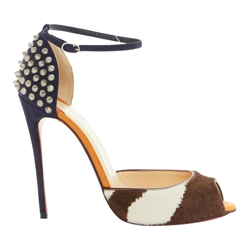 CHRISTIAN LOUBOUTIN Pina Spike animal peep toe ankle strap studded heel EU37.5