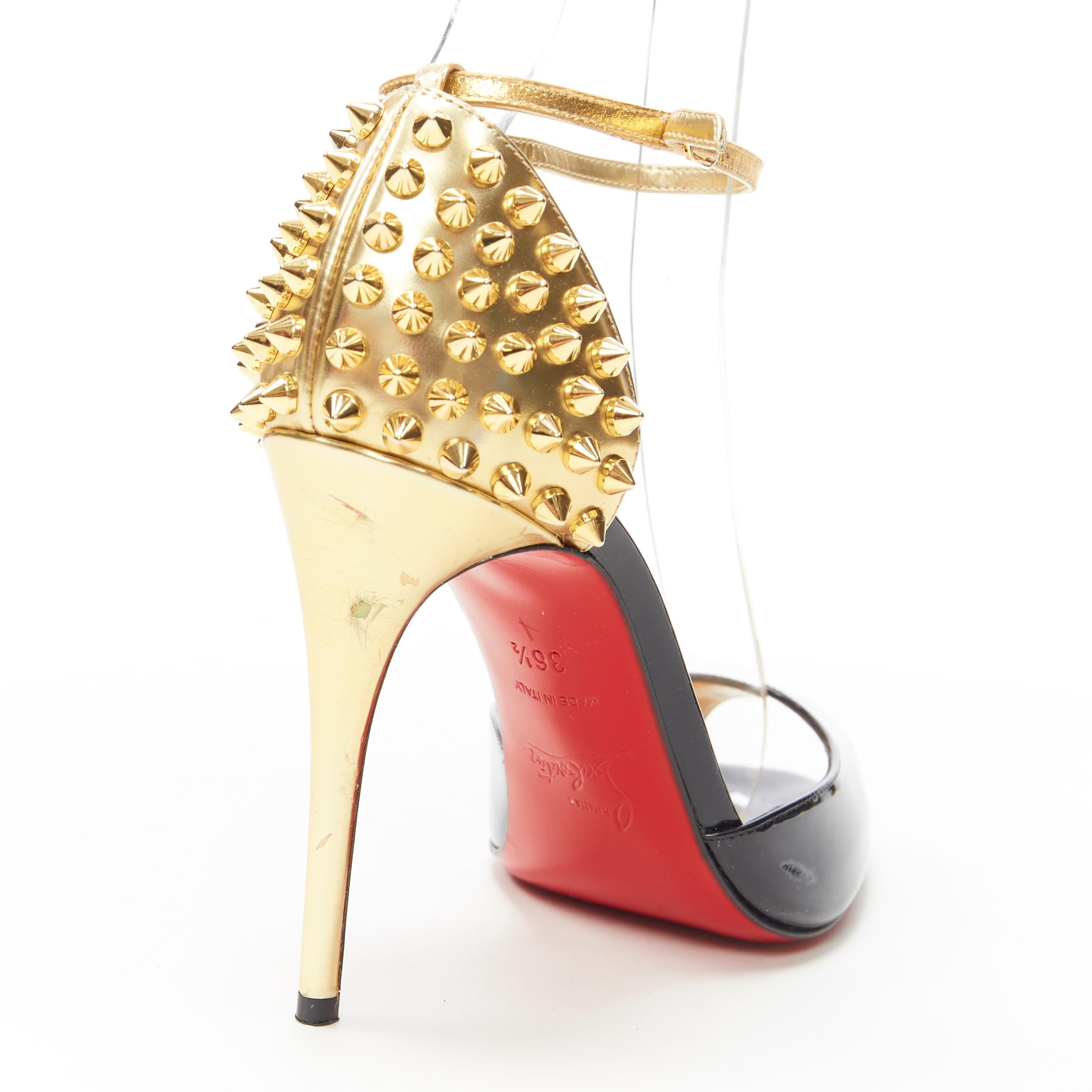 CHRISTIAN LOUBOUTIN Pina Spike black patent gold studded peep toe sandals EU36.5 5