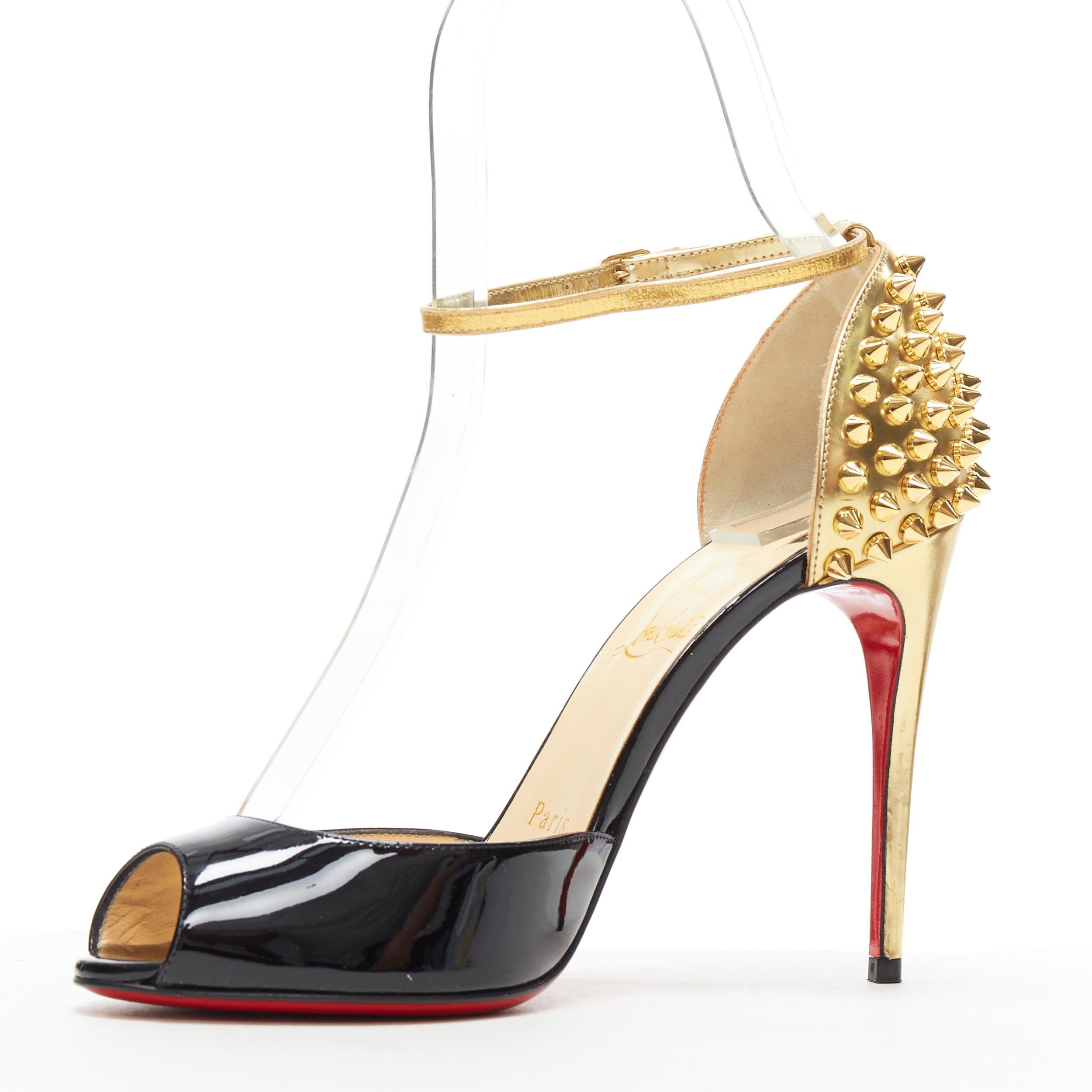 CHRISTIAN LOUBOUTIN Pina Spike black patent gold studded peep toe sandals EU36.5 In Good Condition In Hong Kong, NT
