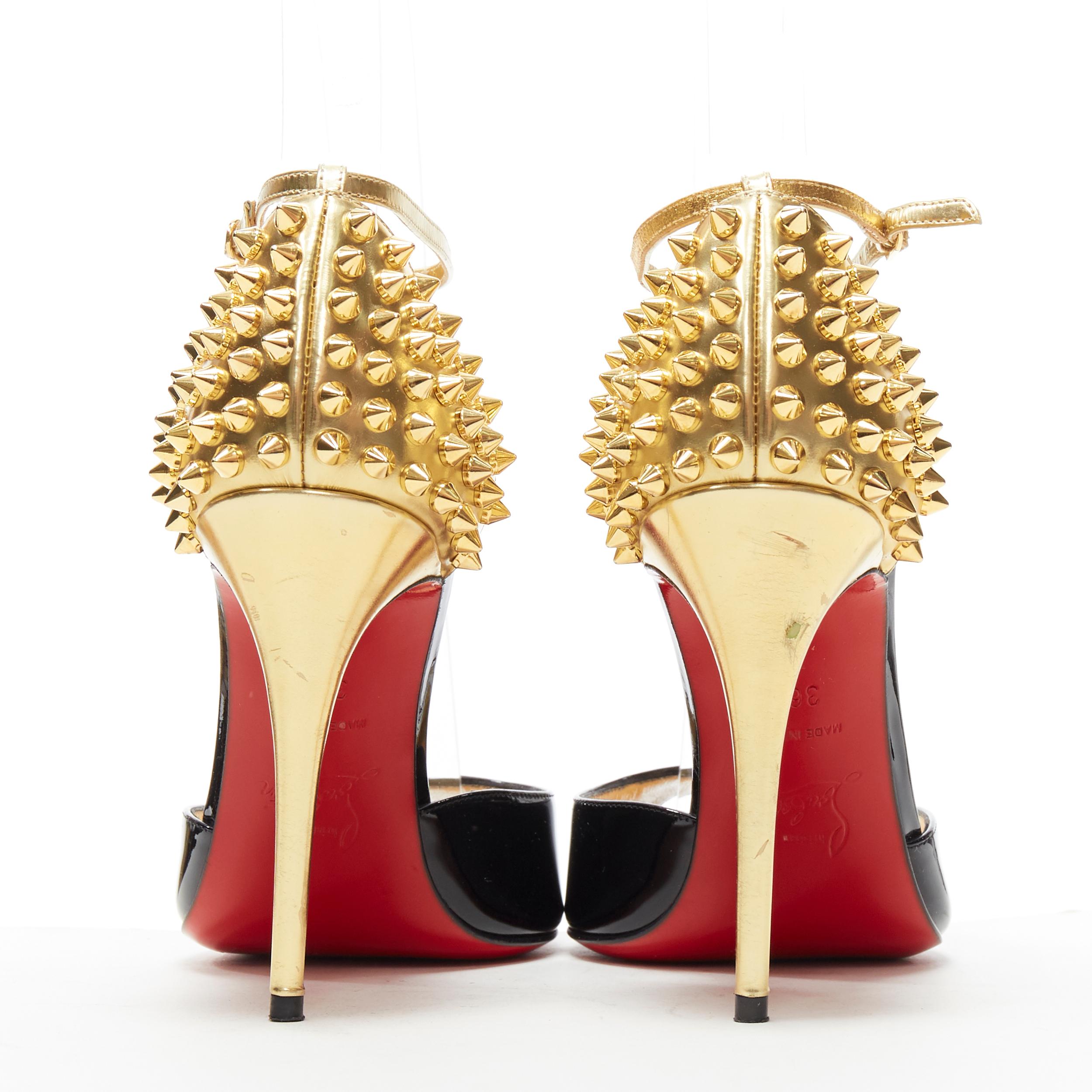 Women's CHRISTIAN LOUBOUTIN Pina Spike black patent gold studded peep toe sandals EU36.5