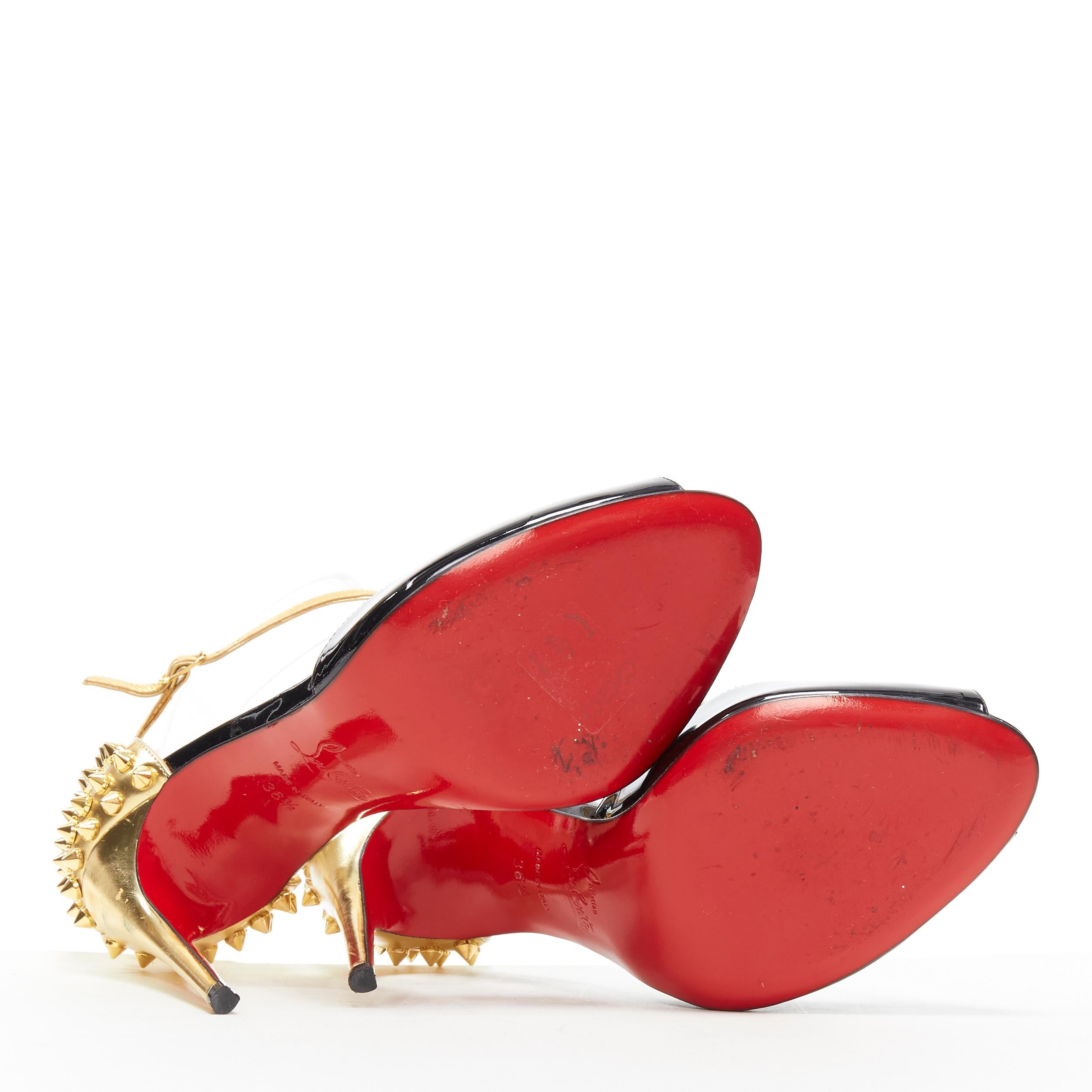 CHRISTIAN LOUBOUTIN Pina Spike black patent gold studded peep toe sandals EU36.5 1