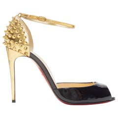 CHRISTIAN LOUBOUTIN Pina Spike black patent gold studded peep toe sandals EU36.5