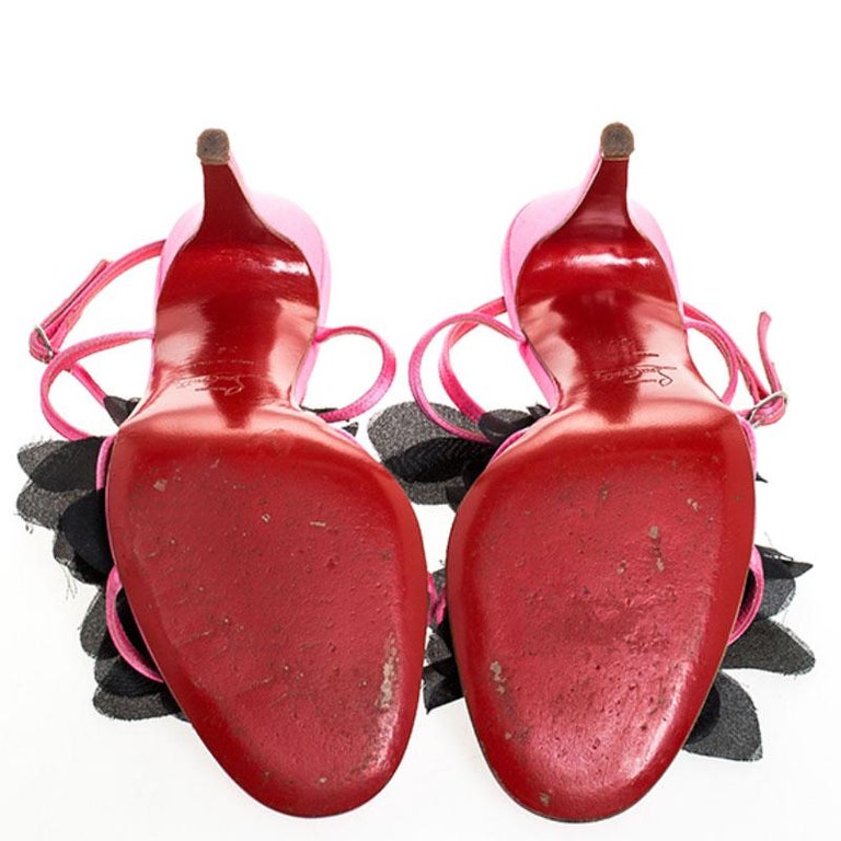Christian Louboutin Pink/Black Satin Mount Street T-Strap Sandals Size ...