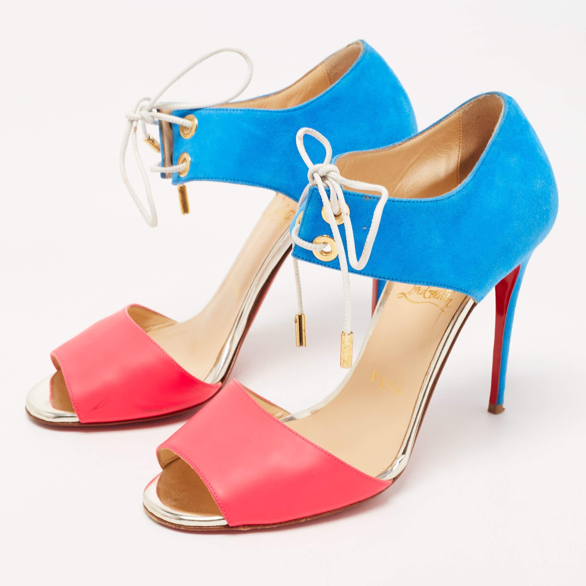 Christian Louboutin Pink/Blue Leather and Suede Mayerling Sandals Size 38.5 In Good Condition For Sale In Dubai, Al Qouz 2
