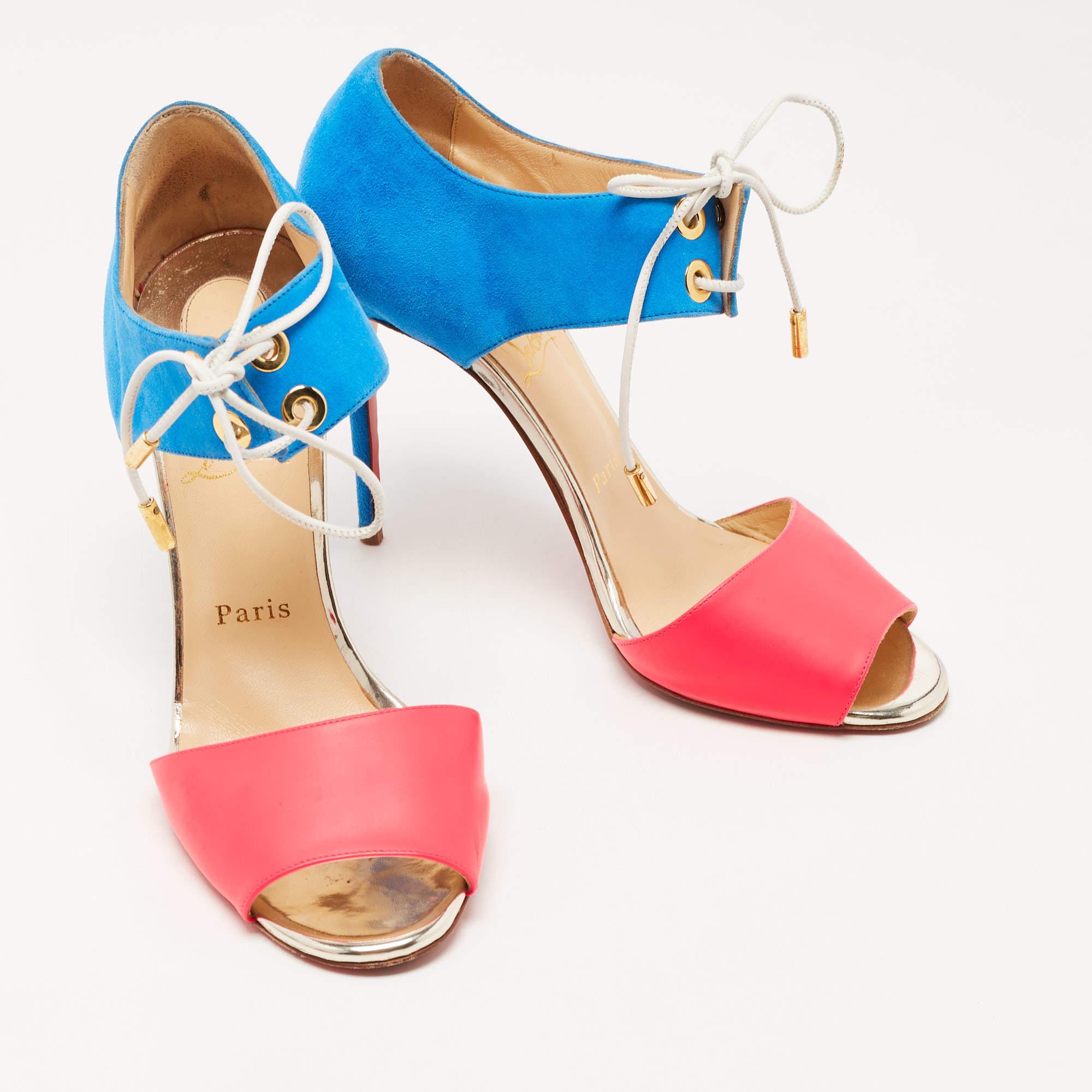 Women's Christian Louboutin Pink/Blue Leather and Suede Mayerling Sandals Size 38.5 For Sale