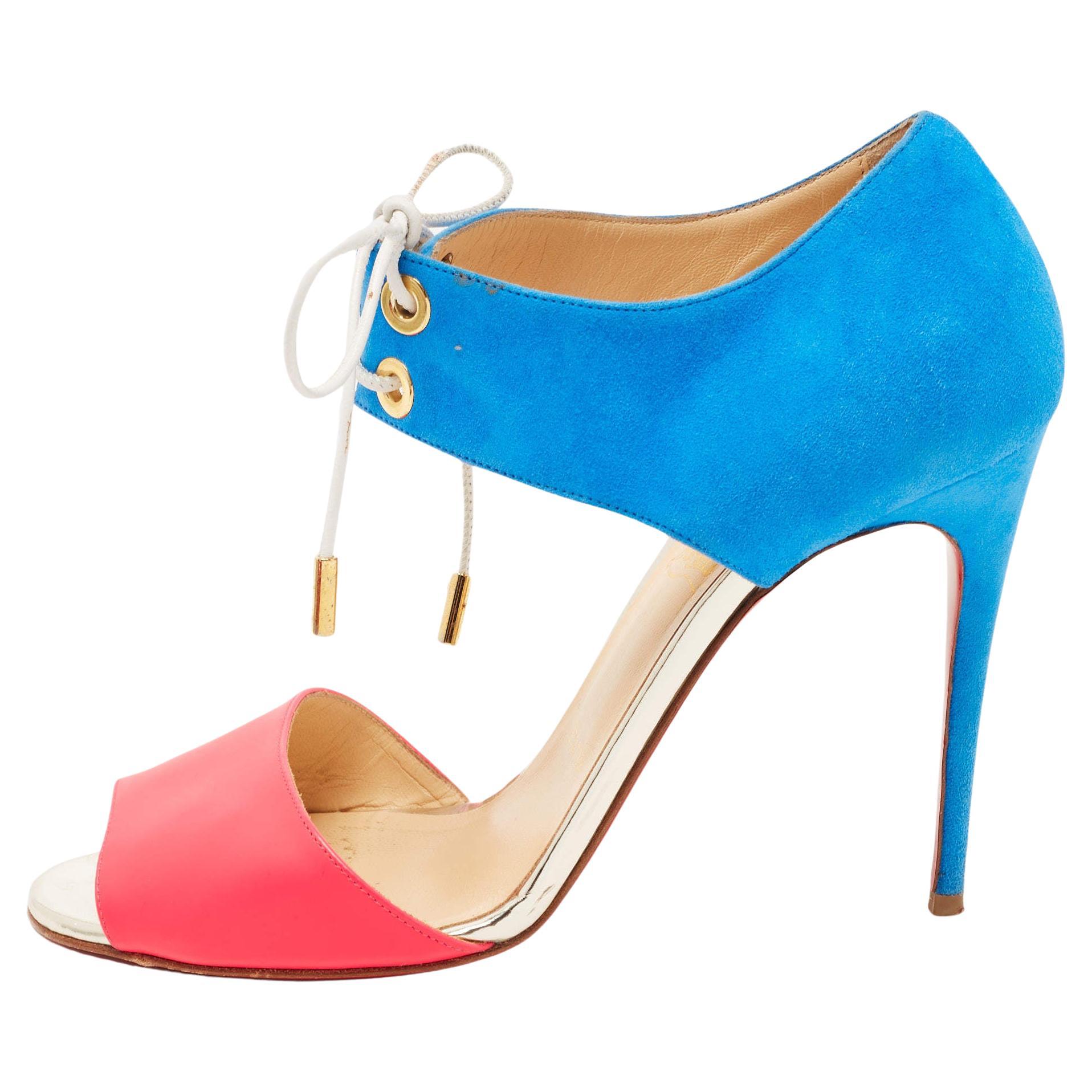 Christian Louboutin Pink/Blue Leather and Suede Mayerling Sandals Size 38.5 For Sale