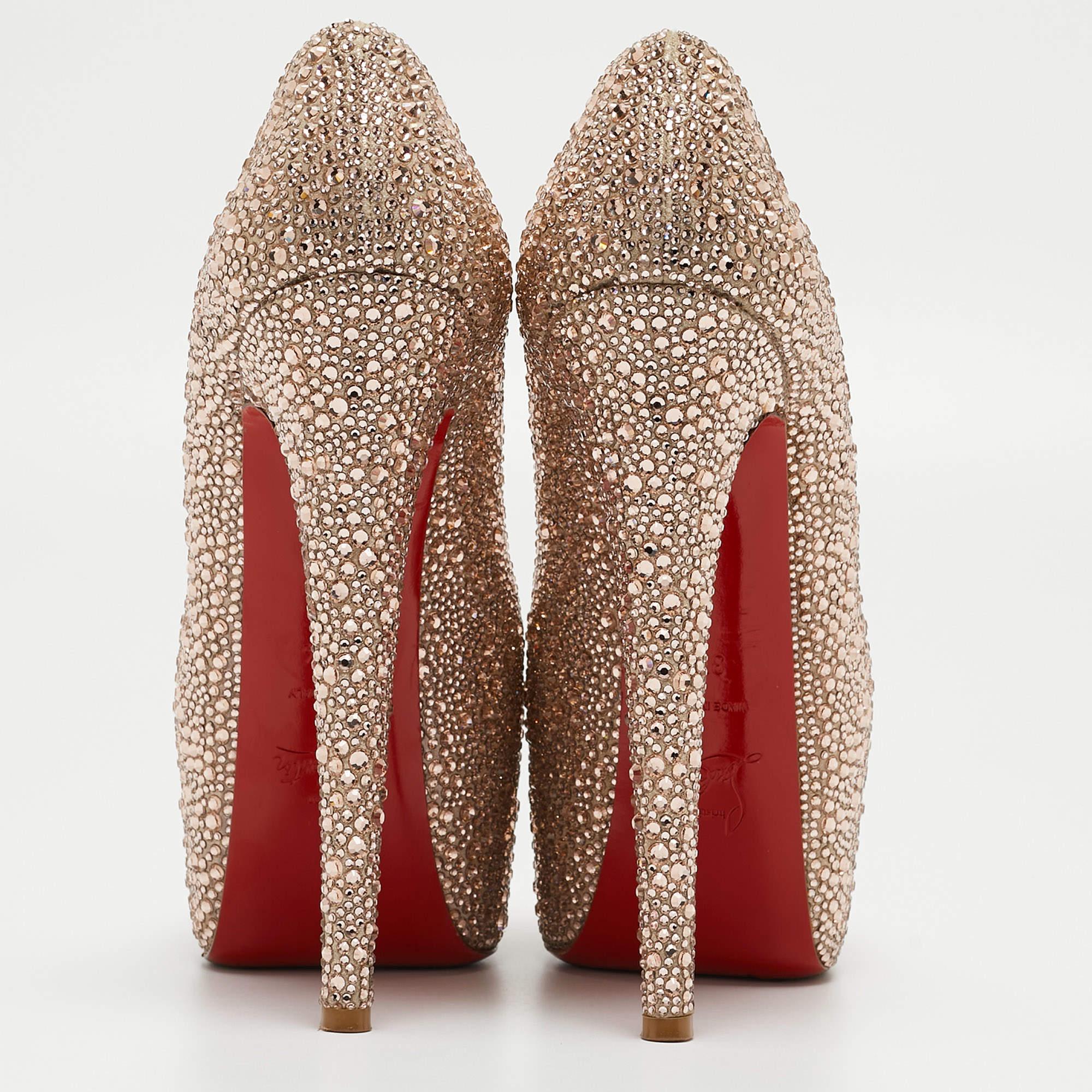 Brown Christian Louboutin Pink Crystal Embellished Suede Daffodile Pumps Size 37.5